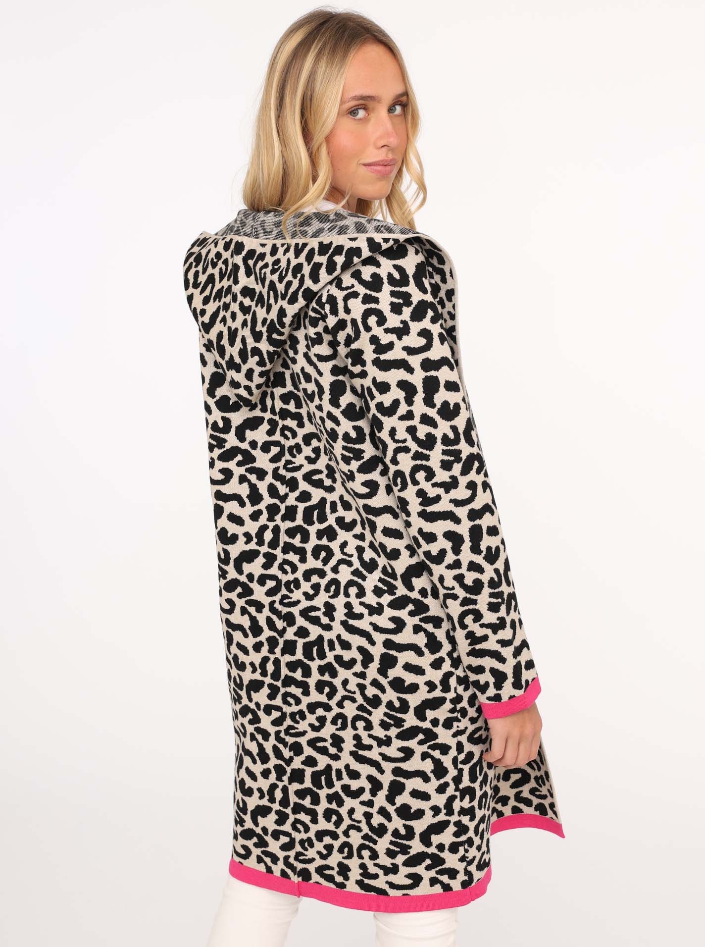 Zwillingsherz Strickjacke, Leoparden-Muster, Neon-Details, Langarm, Kapuze, günstig online kaufen