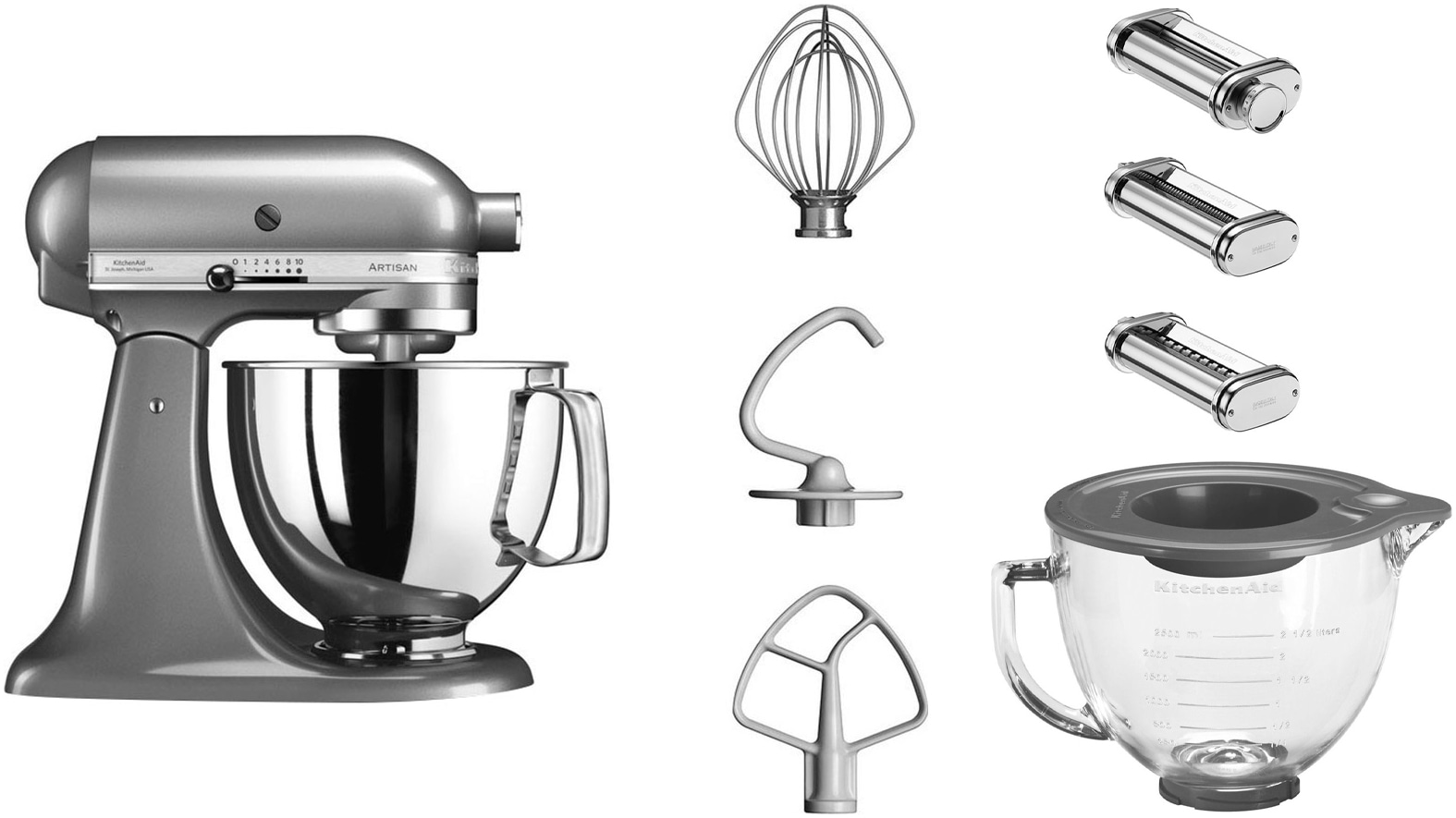 KitchenAid Küchenmaschine "5KSM125EOB" mit Gratis Glasschüssel+3 Nudelvorsätzen