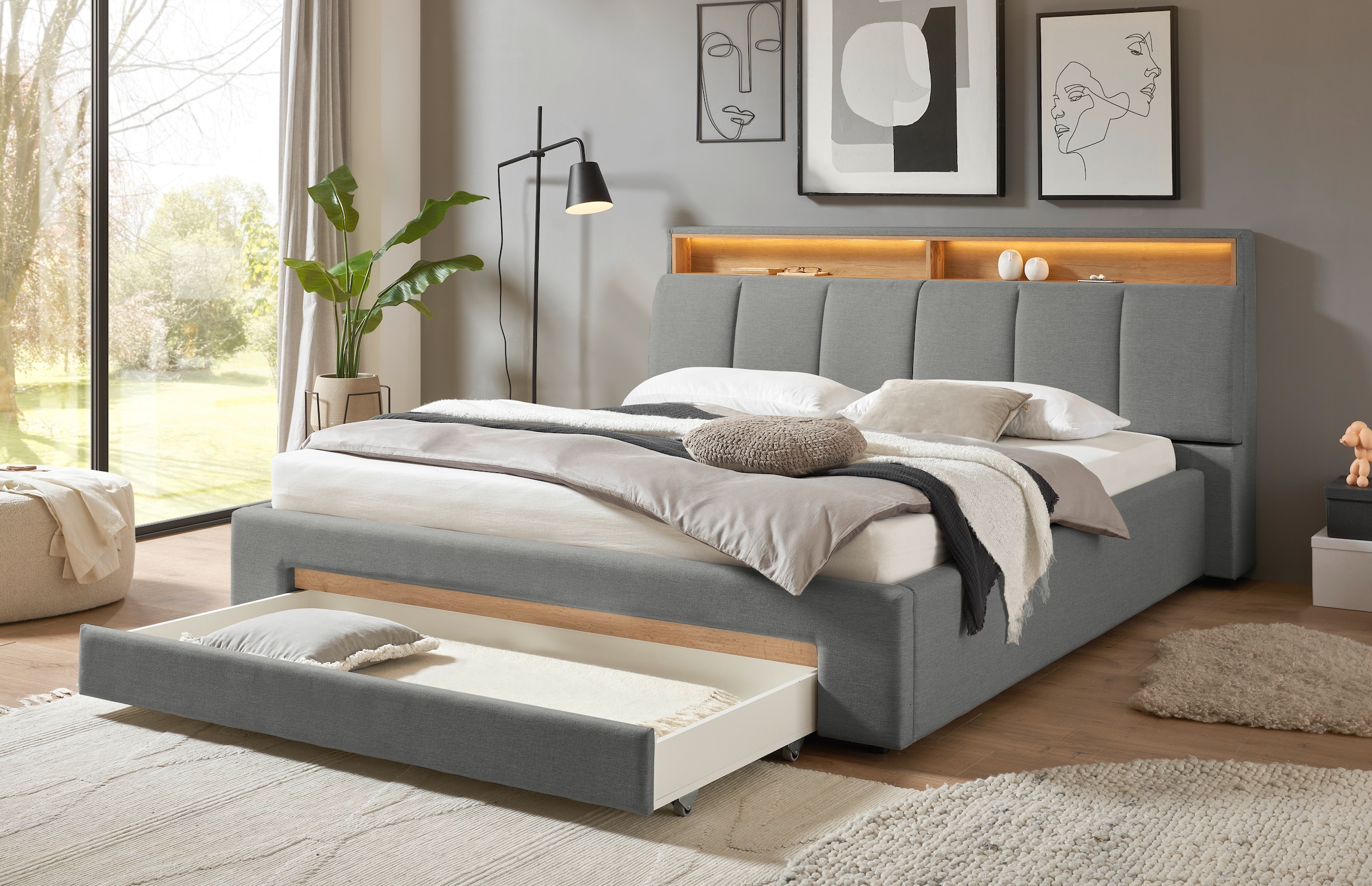 Home affaire Polsterbett »CiTY/GiRON,, gepolstertes Stauraumbett, mit LED Beleuchtung« Bettkasten mit Hundebett oder als Stauraum, klappbare Kopfteile