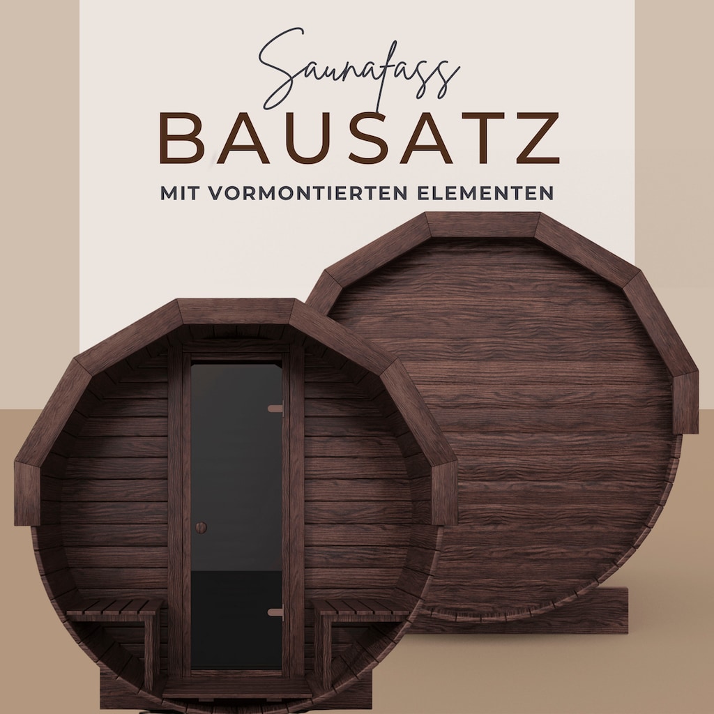 EDEN Holzmanufaktur Fasssauna »Bausatz, Teile vormontiert Thermoholz Remmers Lasur«, (Set), Veranda inkl. Zubehör