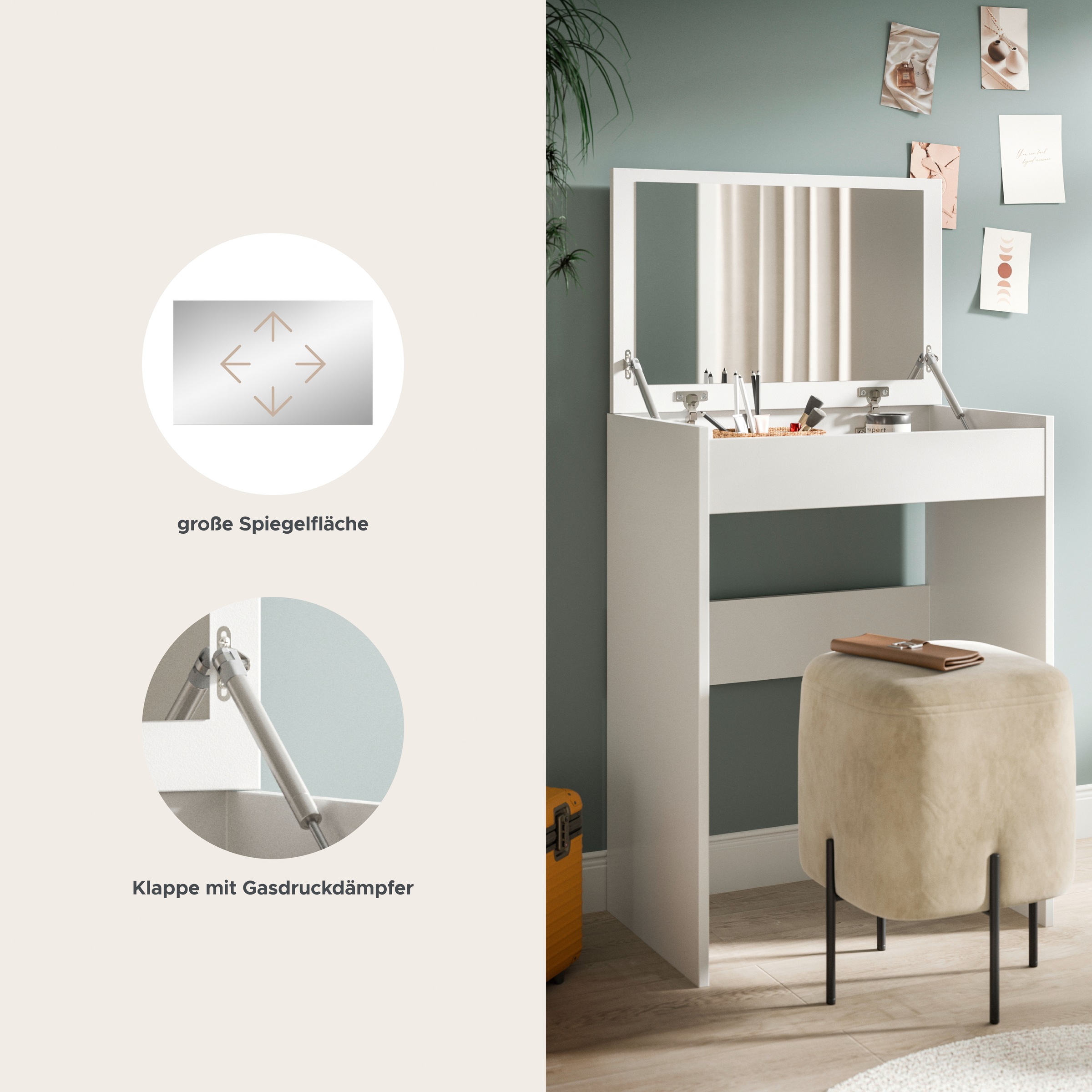 welltime Schminktisch »MIRA, Breite 62cm, aufklappbar mit Innenspiegel & Stauraumfach« Kosmetiktisch, Frieserkommode, Schreibtisch, Home-Office-Schreibtisch