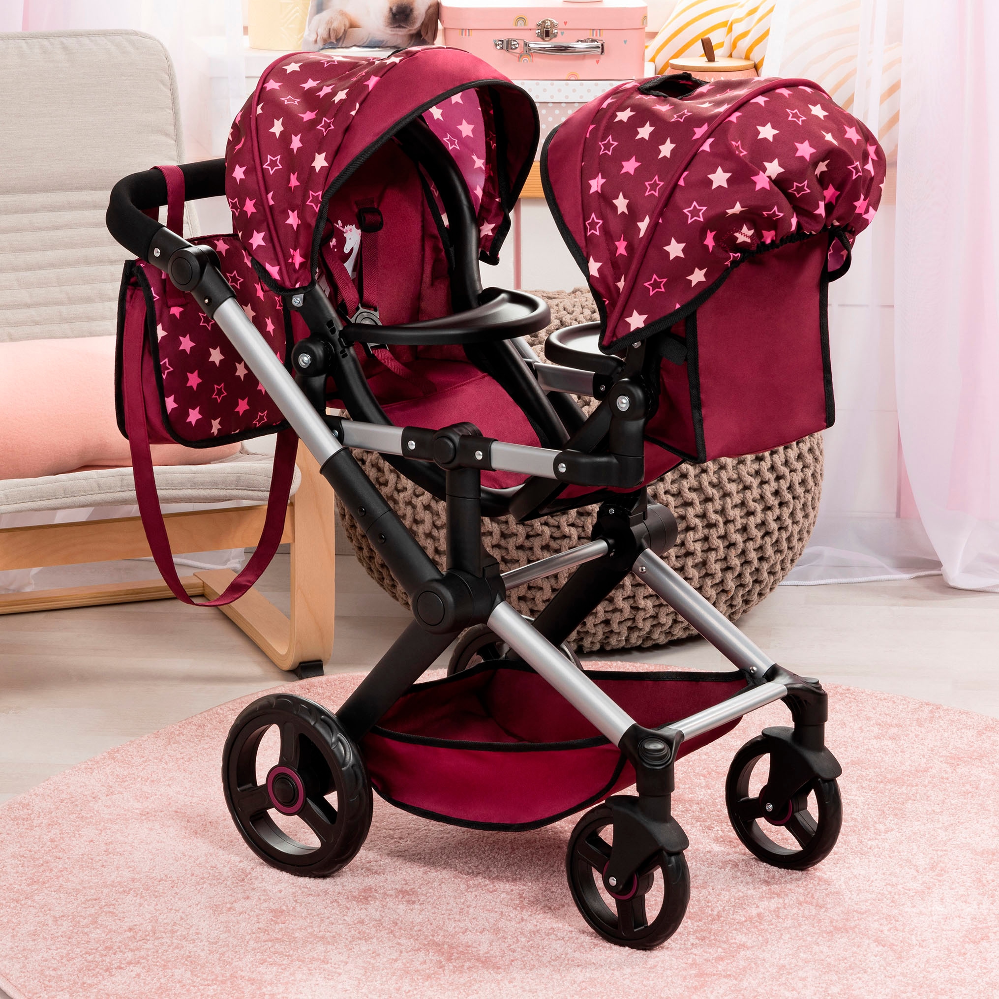 Bayer Puppen-Zwillingsbuggy »Xeo Twin bordeaux«, mit Wickeltasche