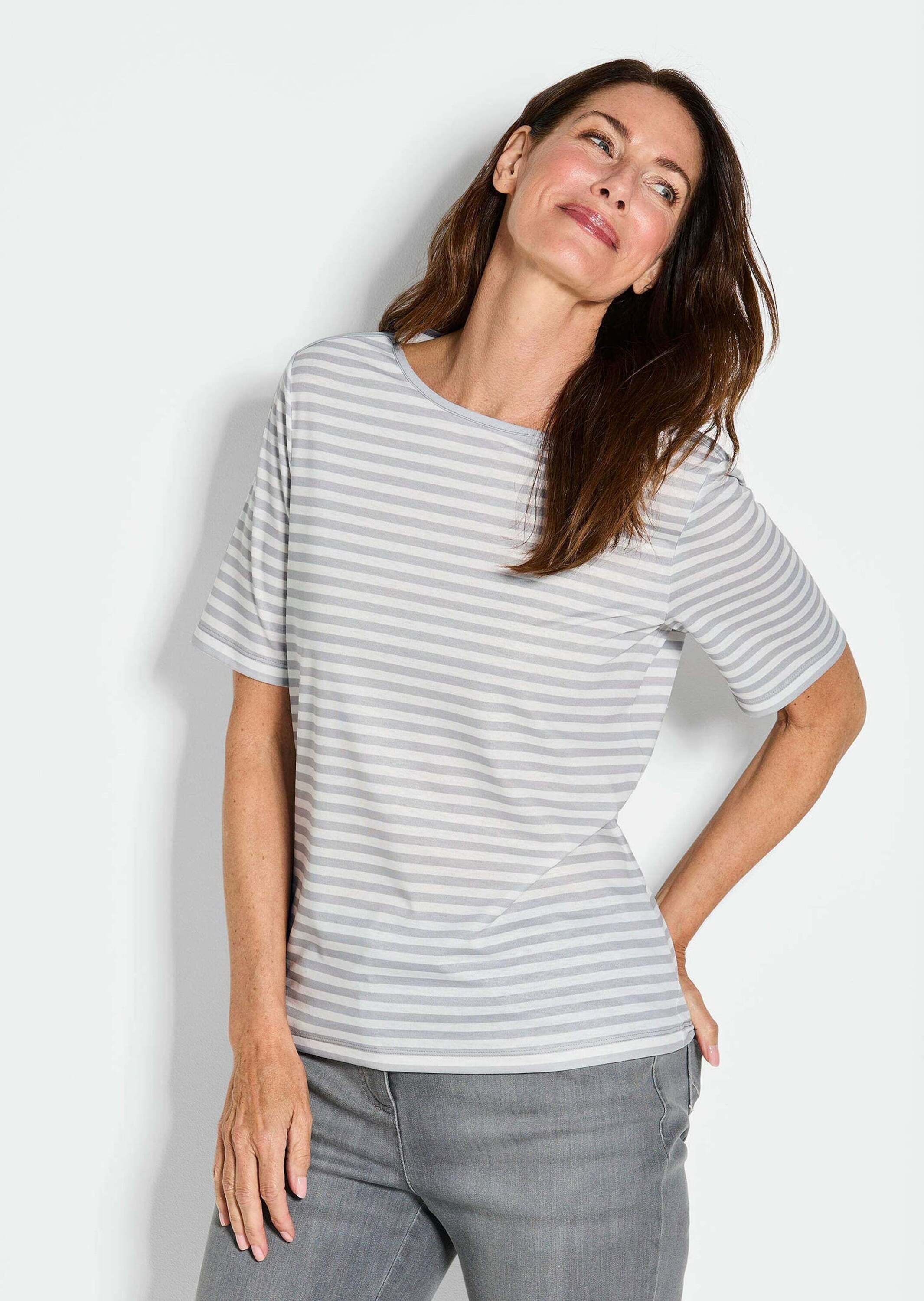 Kurzarmshirt GOLDNER "Stilvolles Streifenshirt für Damen", Damen, Gr. 42, grau (grau, weiß, geringelt), Obermaterial: 92% Viskose CV. 8% Elasthan EL., gerade, Gerade, Shirts, Blende 2