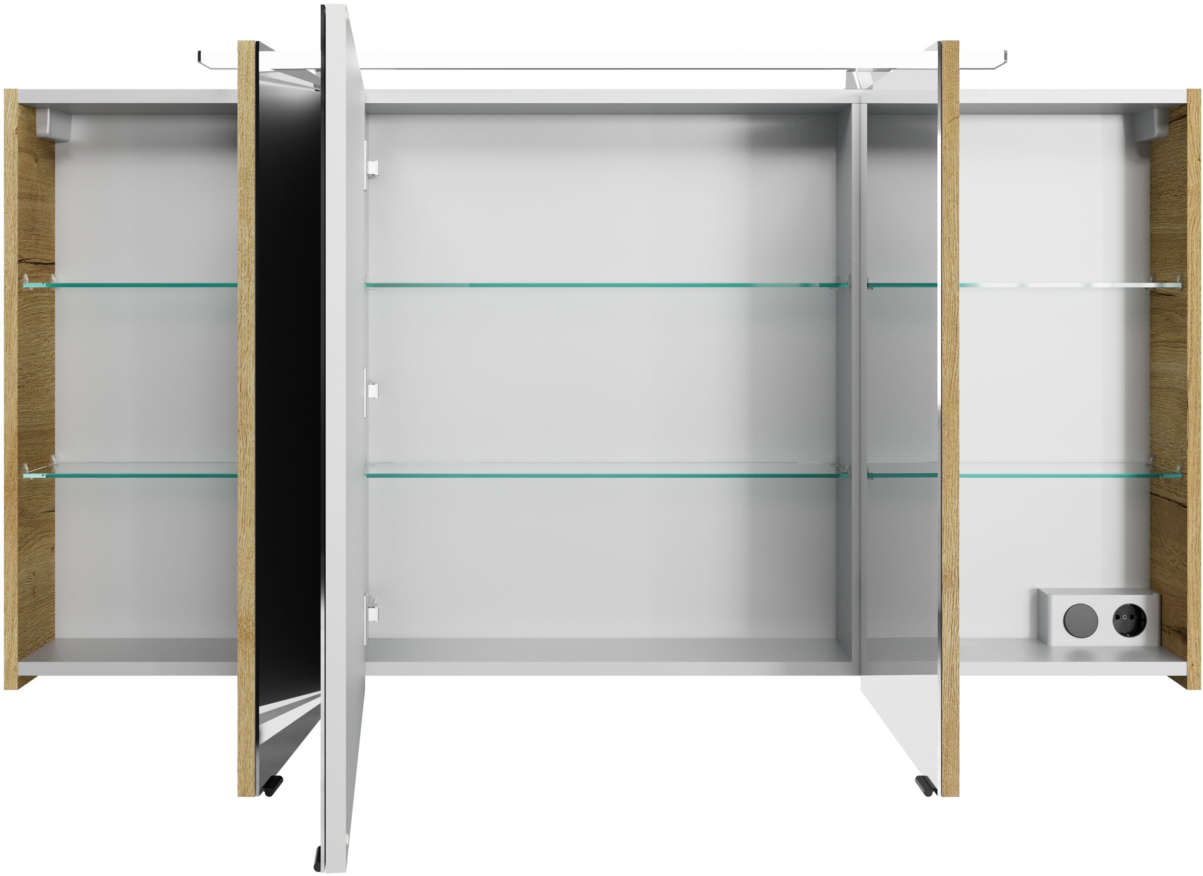 Saphir Badezimmerspiegelschrank »Serie 4010 Badezimmer-Spiegelschrank inkl. LED-Aufsatzleuchte«, Badschrank 140 cm breit, 3 Türen, 6 Glas-Einlegeböden, inkl Türdämpfer