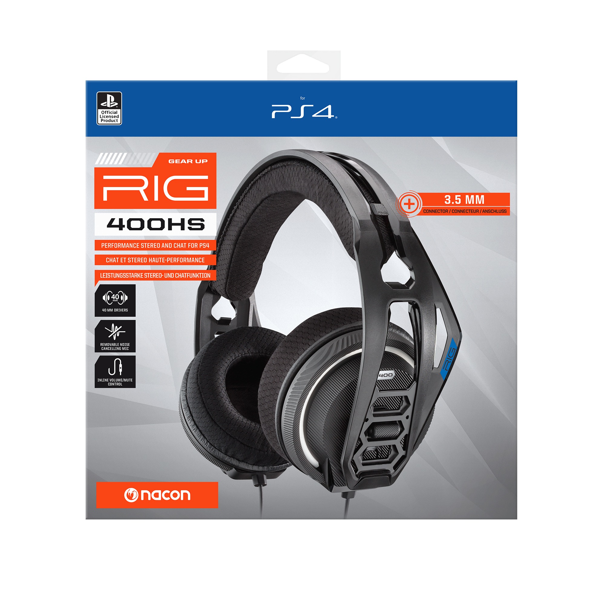 nacon Gaming-Headset »Nacon RIG 400HS Gaming-Headset, schwarz, 3,5 mm Klinke, kabelgebunden«, Geräuschisolierung-Mikrofon abnehmbar, Stereo, Over Ear, Xbox, PC, PS4-Lizenz