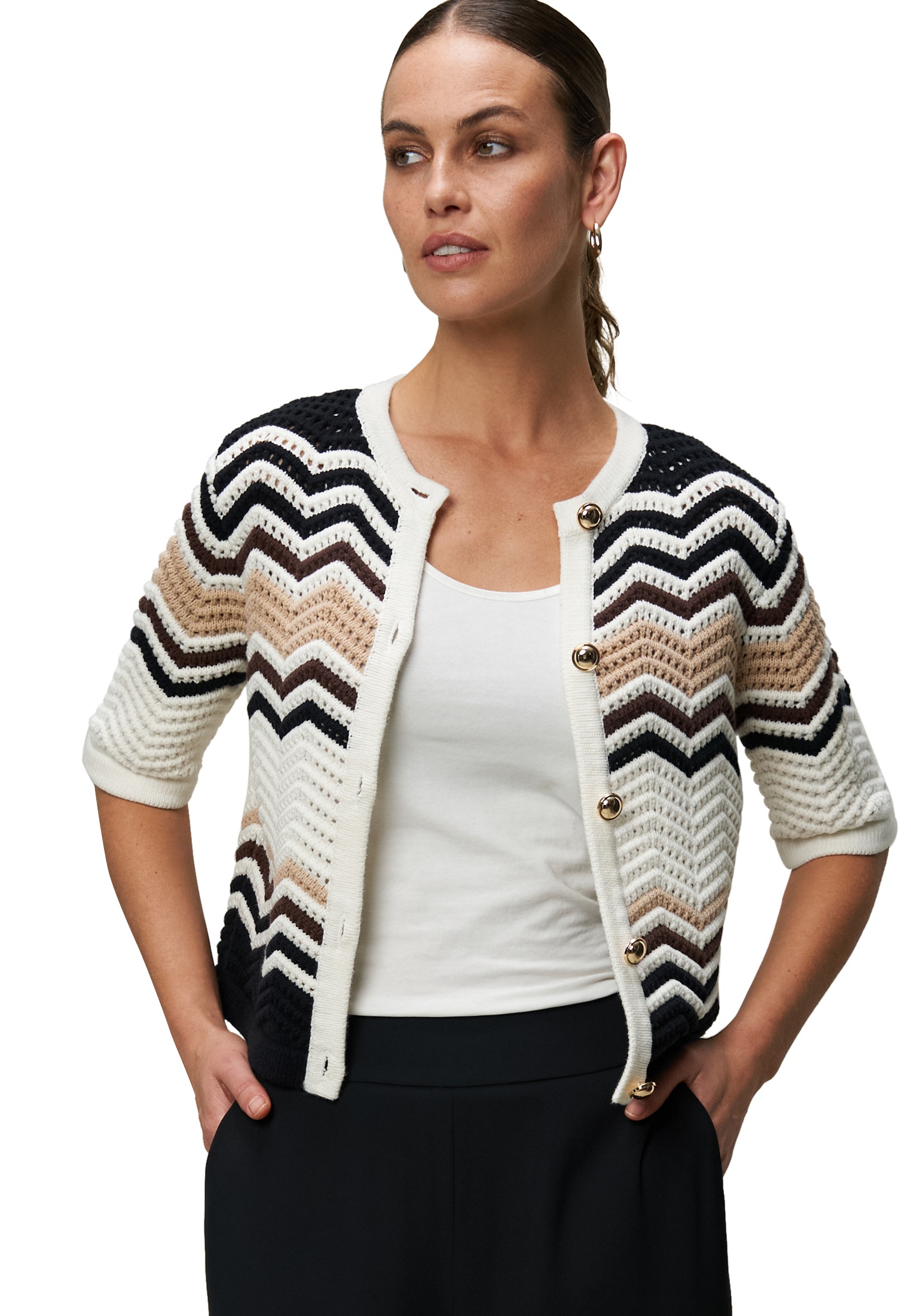 Zero Strickjacke "Damen Strickjacke mit Zickzackmuster" 1 Stk. tlg. Knopfle günstig online kaufen