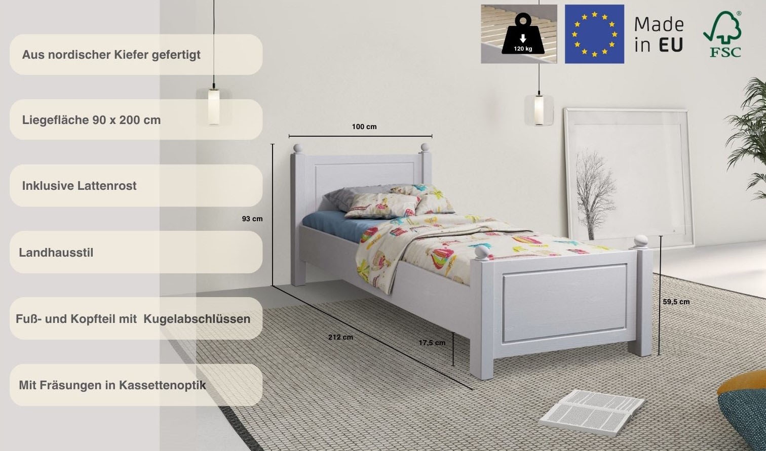 Home affaire Massivholzbett »Mila, hohe Belastbarkeit Jugendbett,! FSC® zertifiziertes Massivholz«, (Breite/Belastbarkeit 180cm/220 KG, 140cm/180 KG, 90cm/=120 KG), aus massiver Kiefer, inklusive Lattenrost