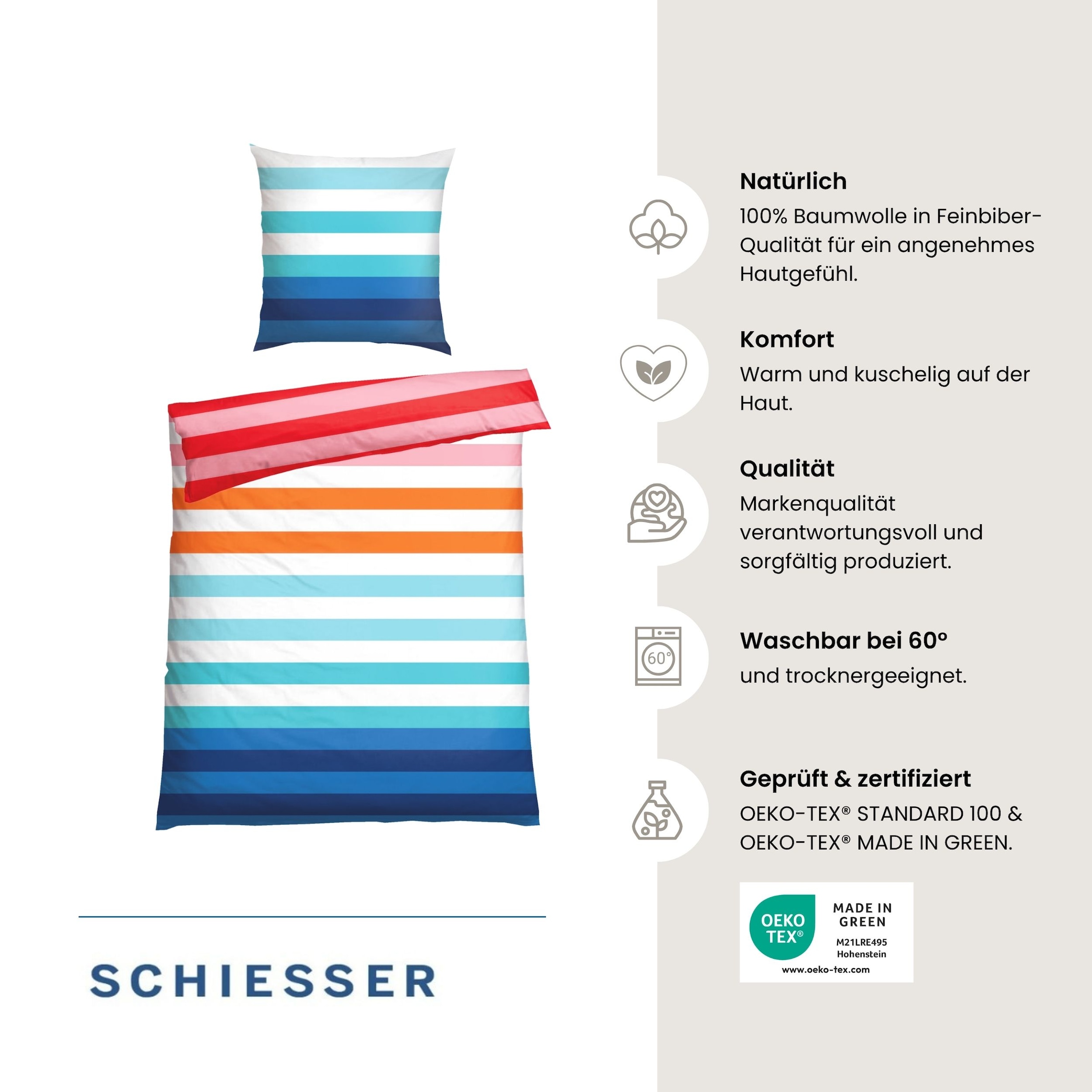 Schiesser Bettwäsche »Happy Stripe aus weicher Baumwolle und jeder Menge bunter Streifen« 2 Stk. OEKO-TEX® MADE IN GREEN