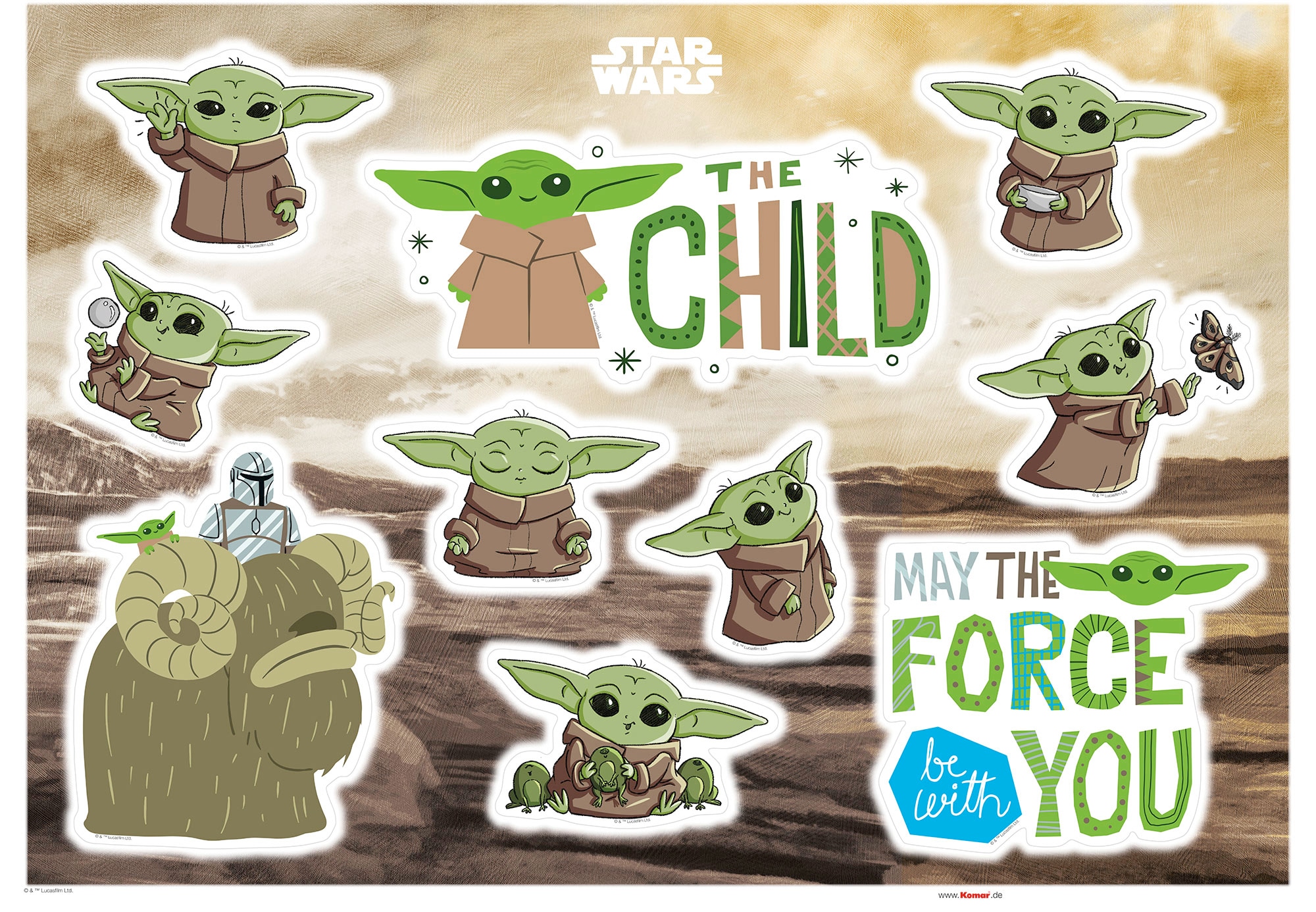 KOMAR Wandtattoo "Mandalorian Founding Grogu - Größe 50 x 70 cm", B/H/T: 50cm x 70cm, grün, Schlafzimmer, Wandtattoos, selbstklebend, Wandsticker,