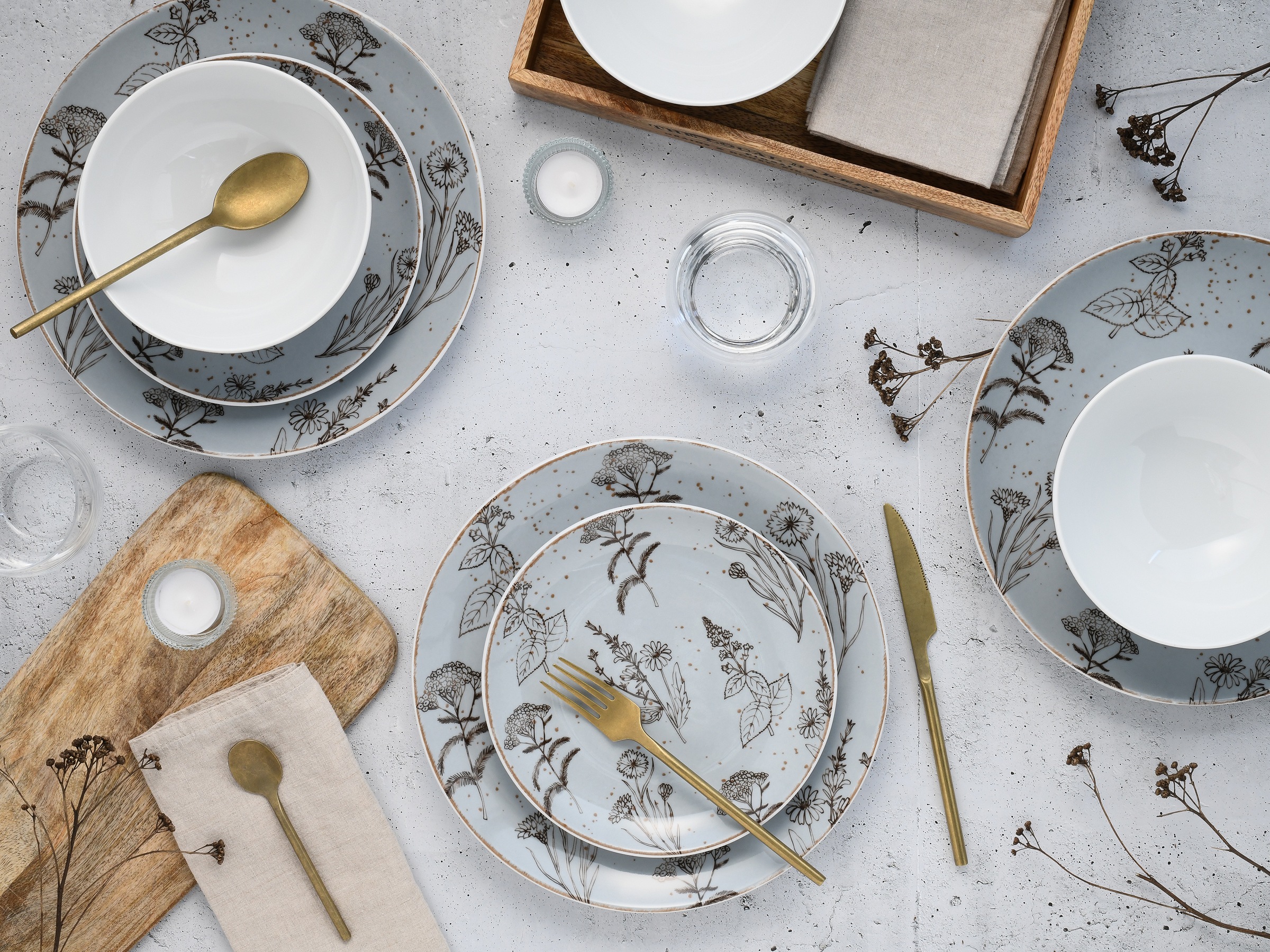 CreaTable Teller-Set »Vintage Flower, Tellerset 12-tlg.« Farbglasur mit Sprenkeln, Rustikaler Vintage Look