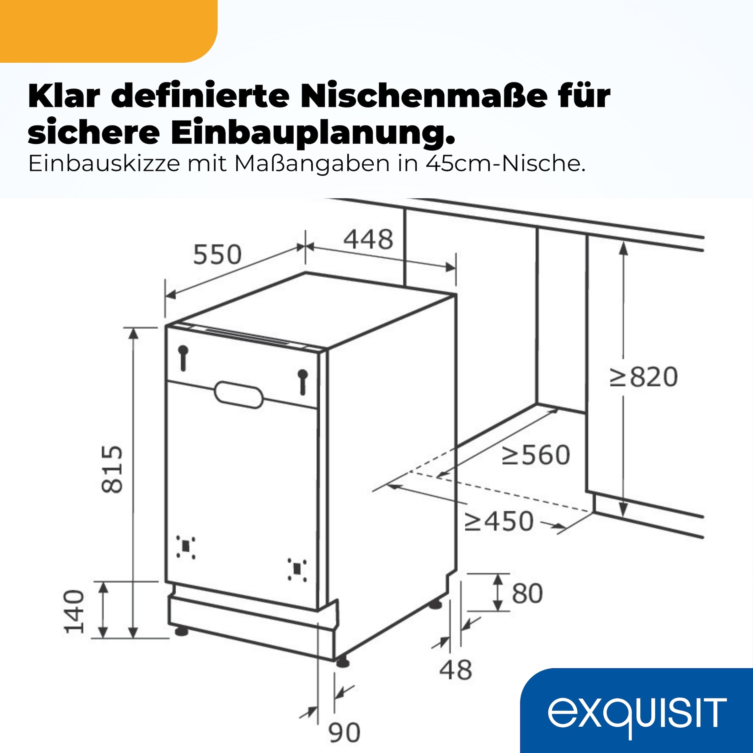 exquisit vollintegrierbarer Geschirrspüler 1009 »EGSP1009-E-450D schwarz« 10 l 9 tlg. Maßgedecke 9 Maßgedecke & flüsterleise 49 dB – stark und angenehm ruhig