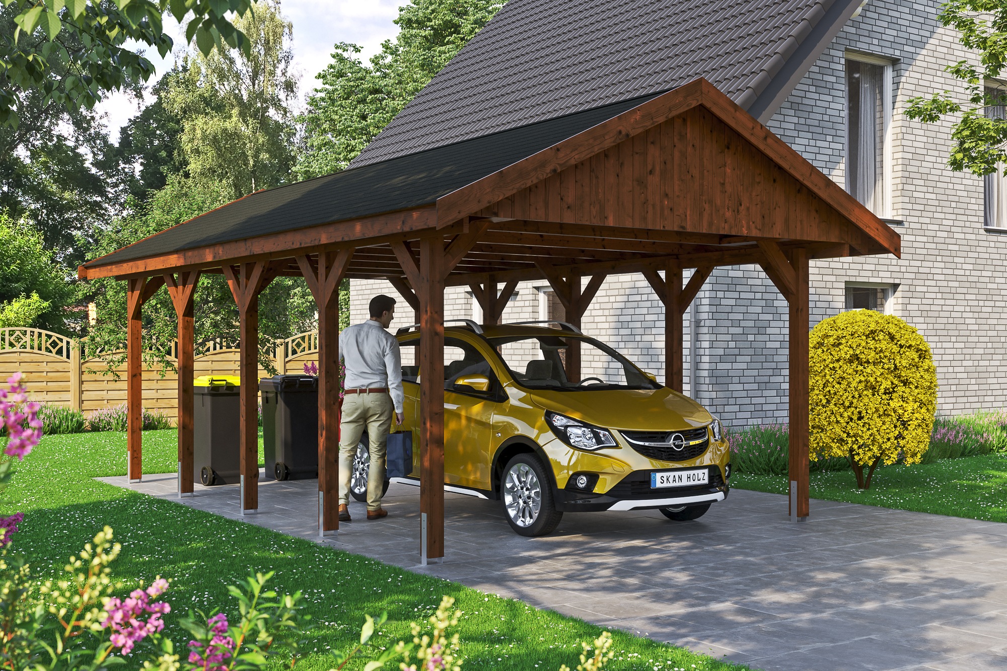 Skanholz Einzelcarport »Wallgau«, Nadelholz, 340 cm, Nussbaum, mit schwarzen Dachschindeln