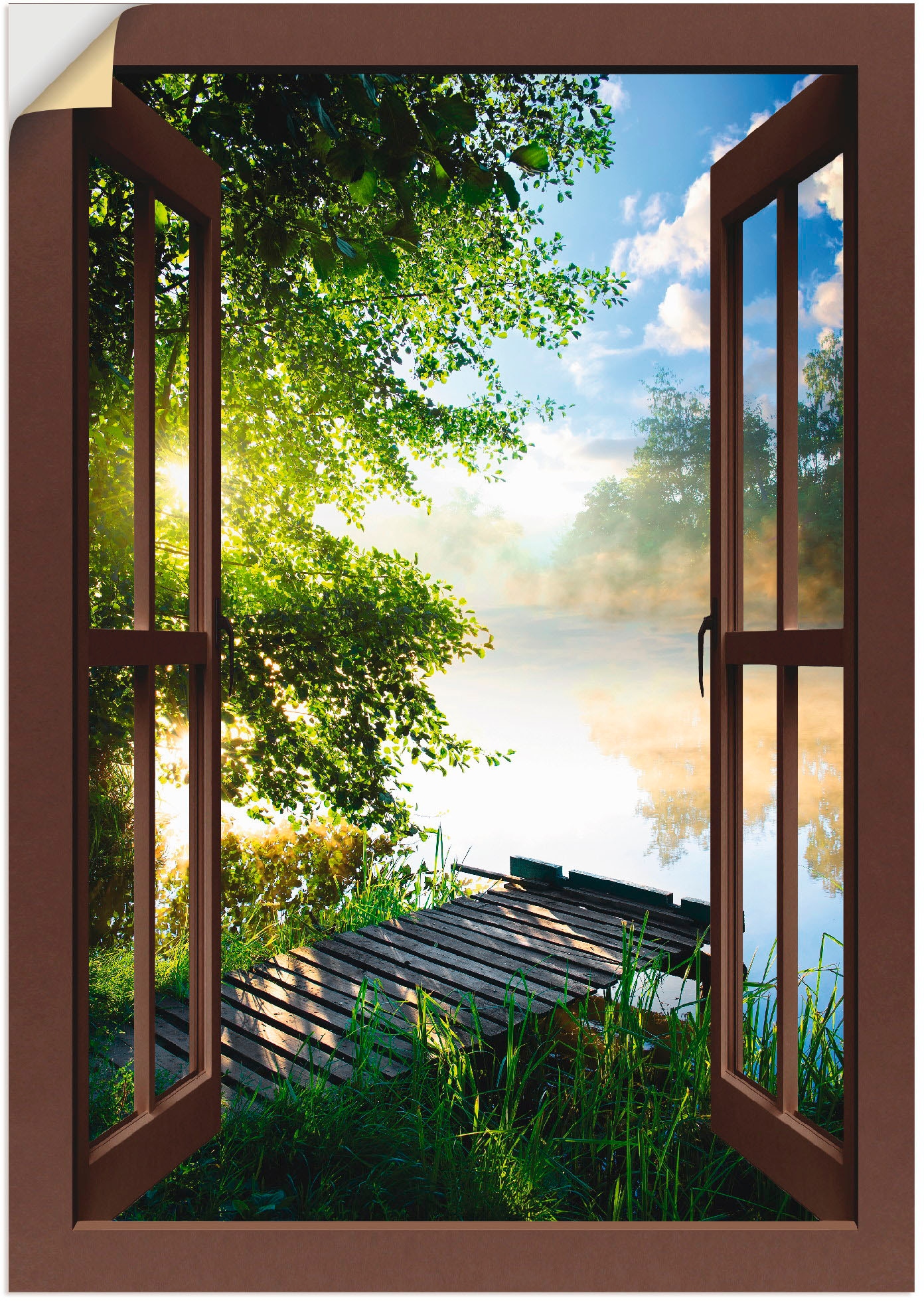 Artland Wandbild "Fensterblick Angelsteg am Fluss", Fensterblick, (1 St.), als Alubild, Outdoorbild, Leinwandbild, Poste