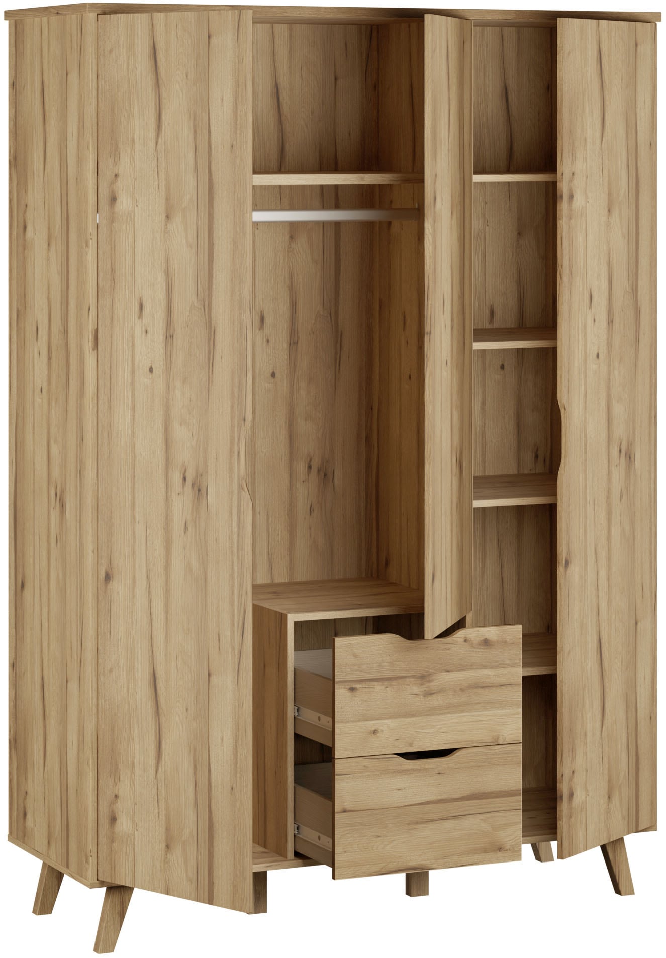 FORTE Drehtürenschrank »Vankka skandinavischer-Stil, viel Stauraum, ohne Griffe« B/H/T ca.140x200x52cm,  Made in Europe, mit Einlegeböden+Kleiderstange+Schubladen,grifflos