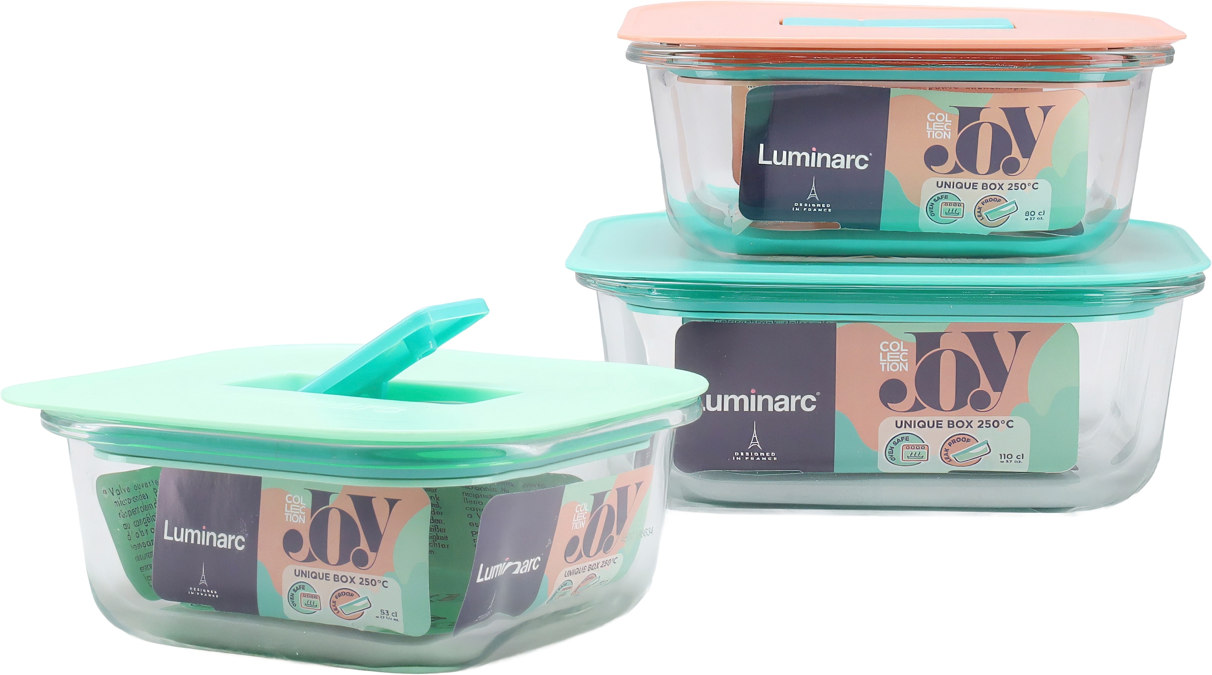 Luminarc Aufbewahrungsschüssel "Unique - Dosenset quadratisch 3-tlg" Porenfreies Glas, Robustes Spezialglas