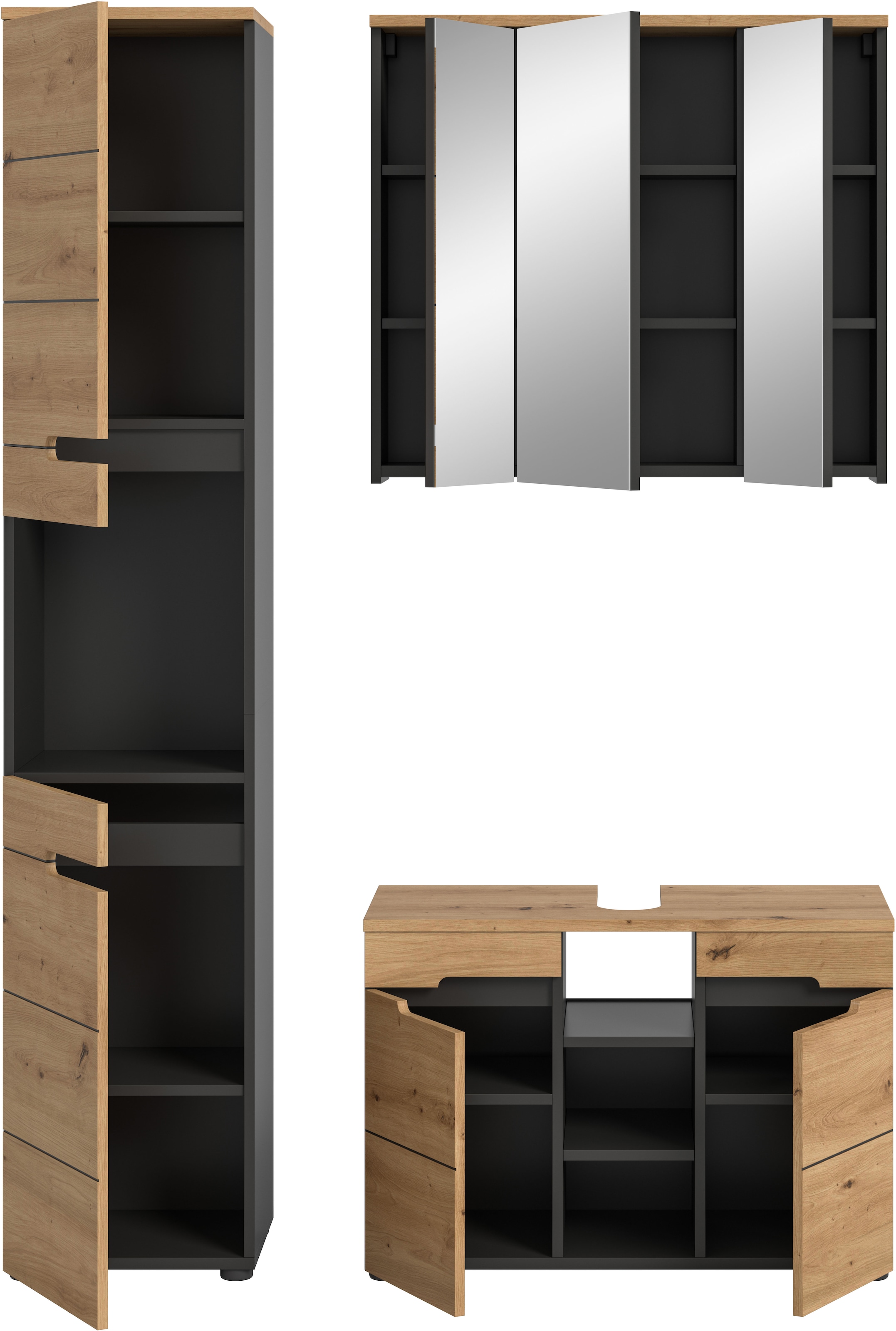 INOSIGN Badmöbel-Set »REHAT, 3-teilig, Breite 133 cm, mit grifflosen Fronten, bestehend aus:«, (3 St.), 1x Hochschrank, 1x Waschbeckenunterschrank & 1x Spiegelschrank