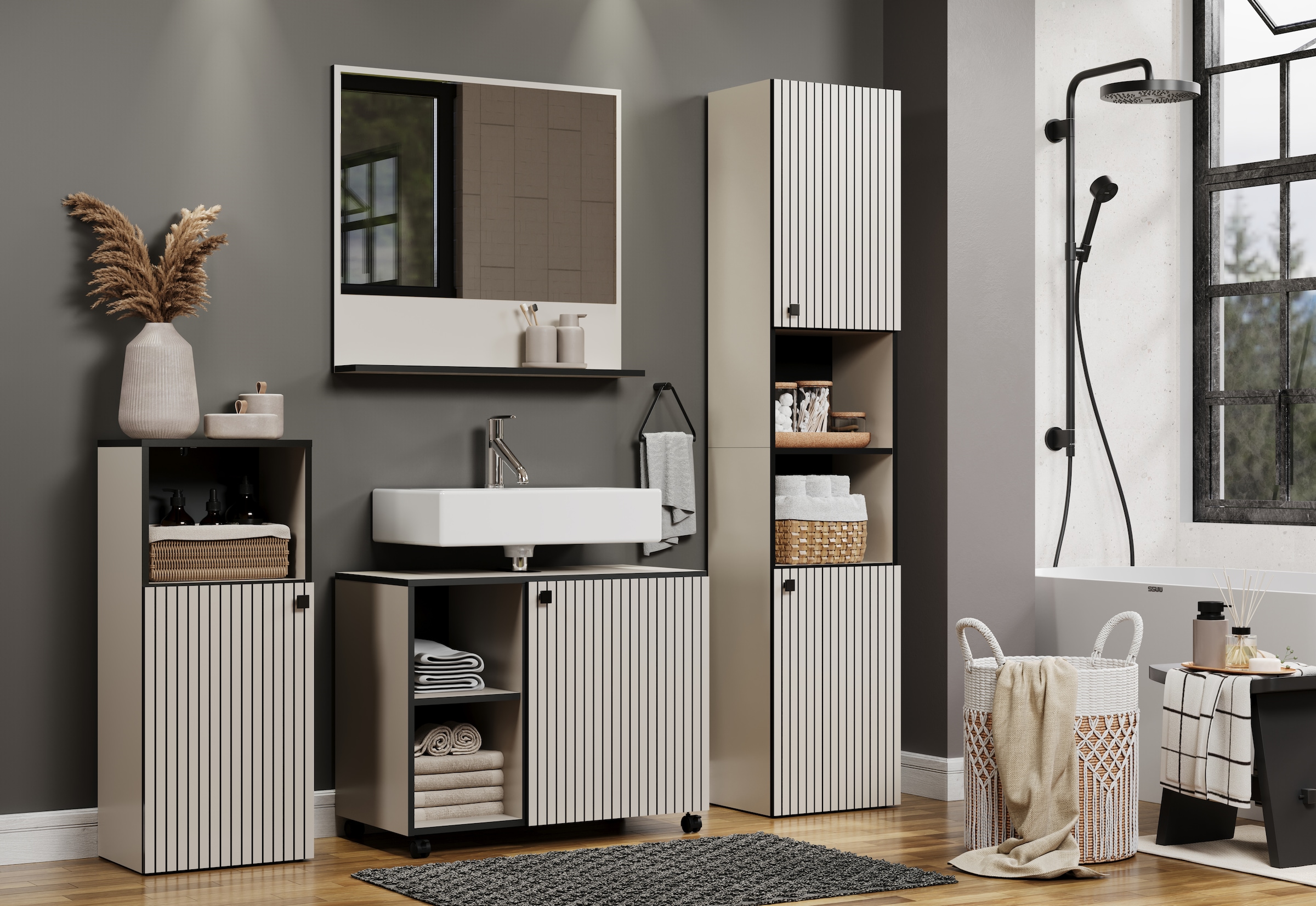 welltime Waschbeckenunterschrank »Amrum«, (1 St.), BxHxT 80 x 64 x 42cm Waschbeckenunterschrank Eiche Rillenoptik