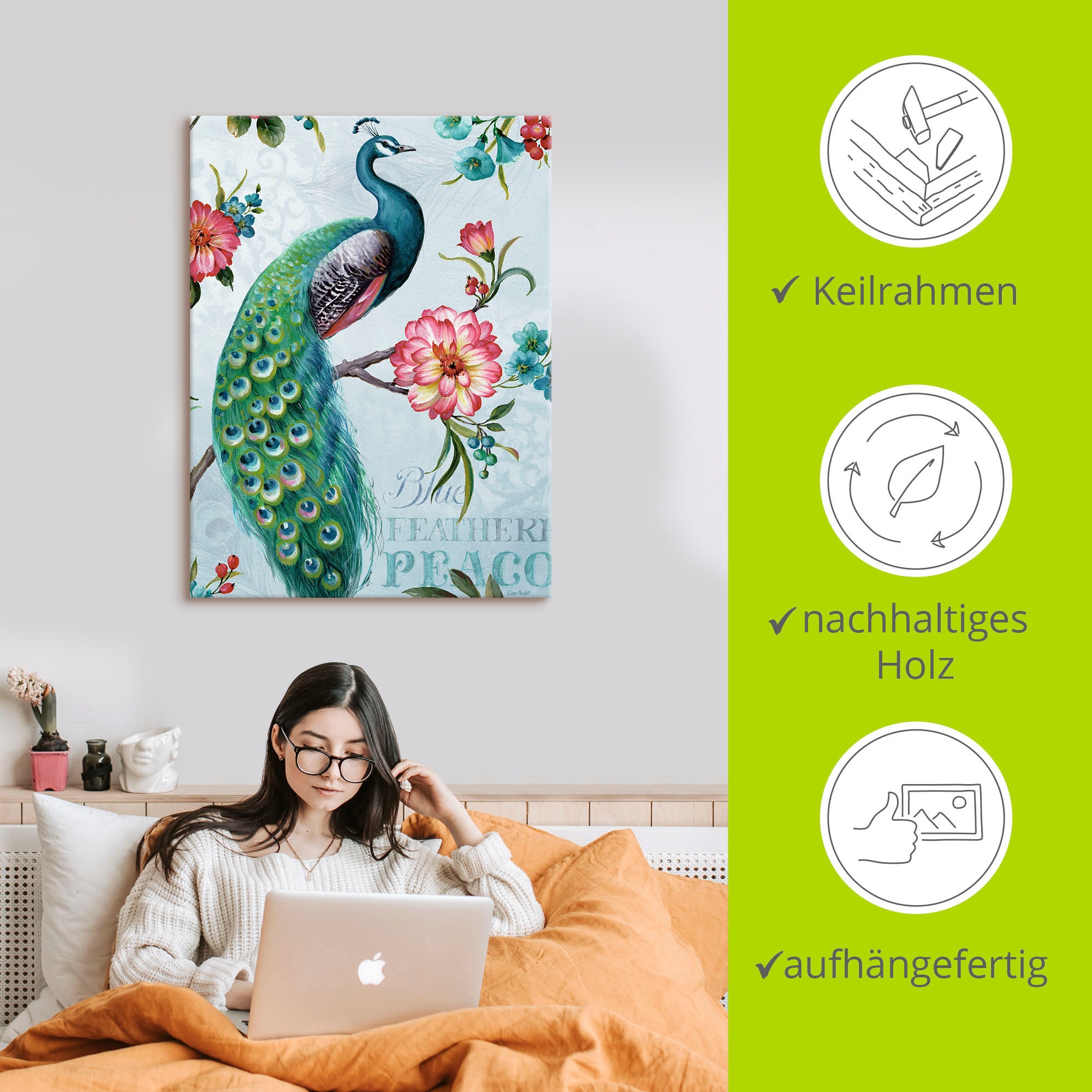 Artland Leinwandbild »Blau gepfederter Pfau« Vögel 1 Stk. tlg. auf Holzrahmen gespannt