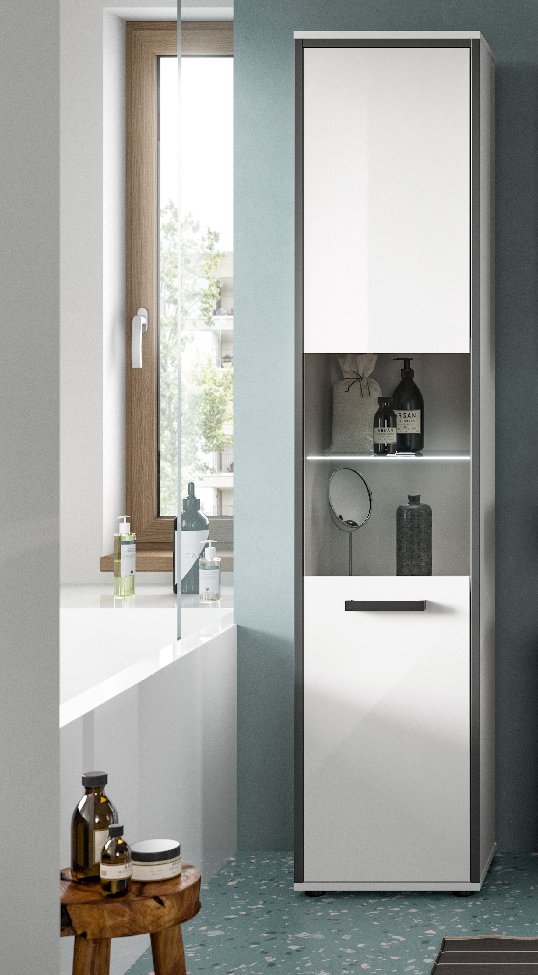 welltime Hochschrank "KAJO, hochglanz Front, inkl. Beleuchtung, Glastür, 6 günstig online kaufen