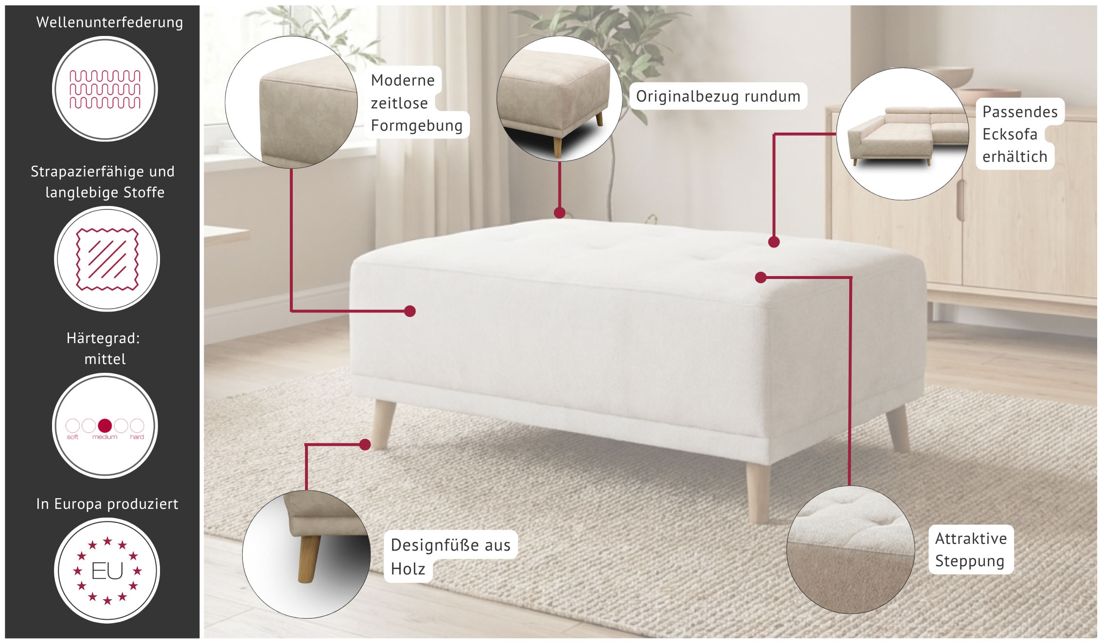 OTTO home Hocker »Greve« Polsterhocker Greve passend zum Sofa, Breite 104 cm