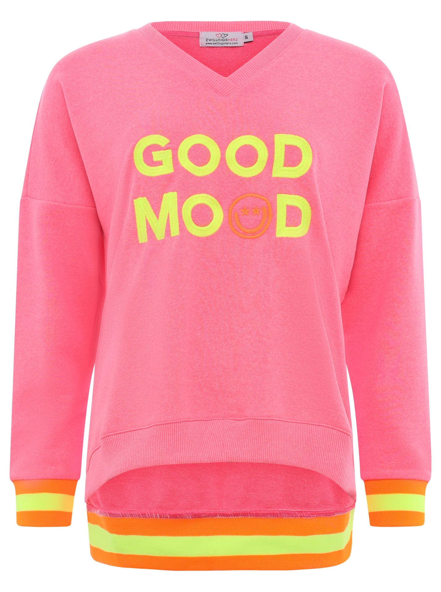 Zwillingsherz Sweatshirt "Dana", mit "Good Mood"-Schriftzug und neonfarbenen Bündchen