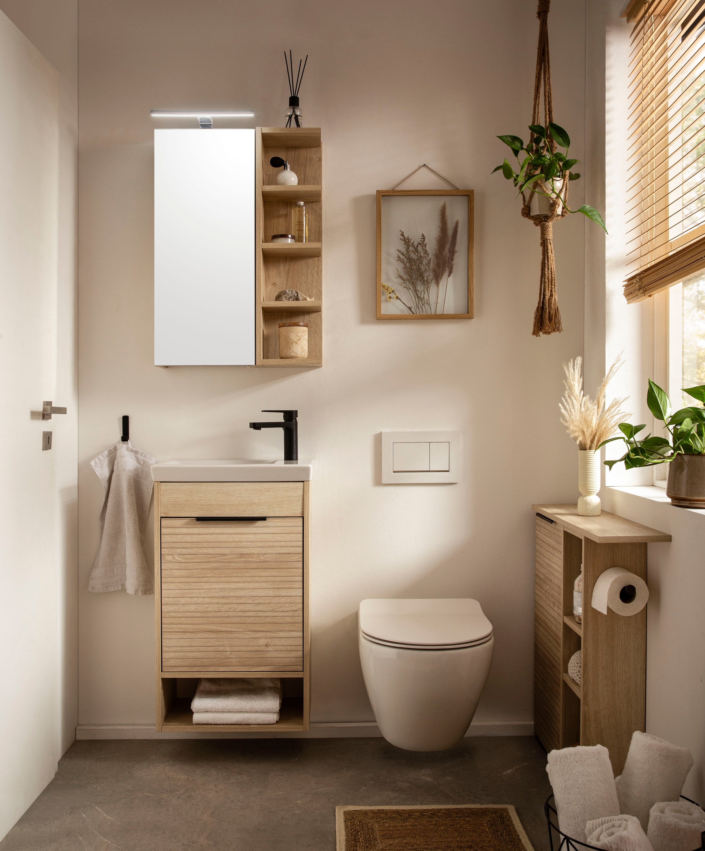 Schildmeyer Seitenschrank »Mads Nieschenschrank, Breite 45,5 cm«, (1 St.), Nischenschrank, 3 offenen Regelfächern und Toilettenpapierhalter