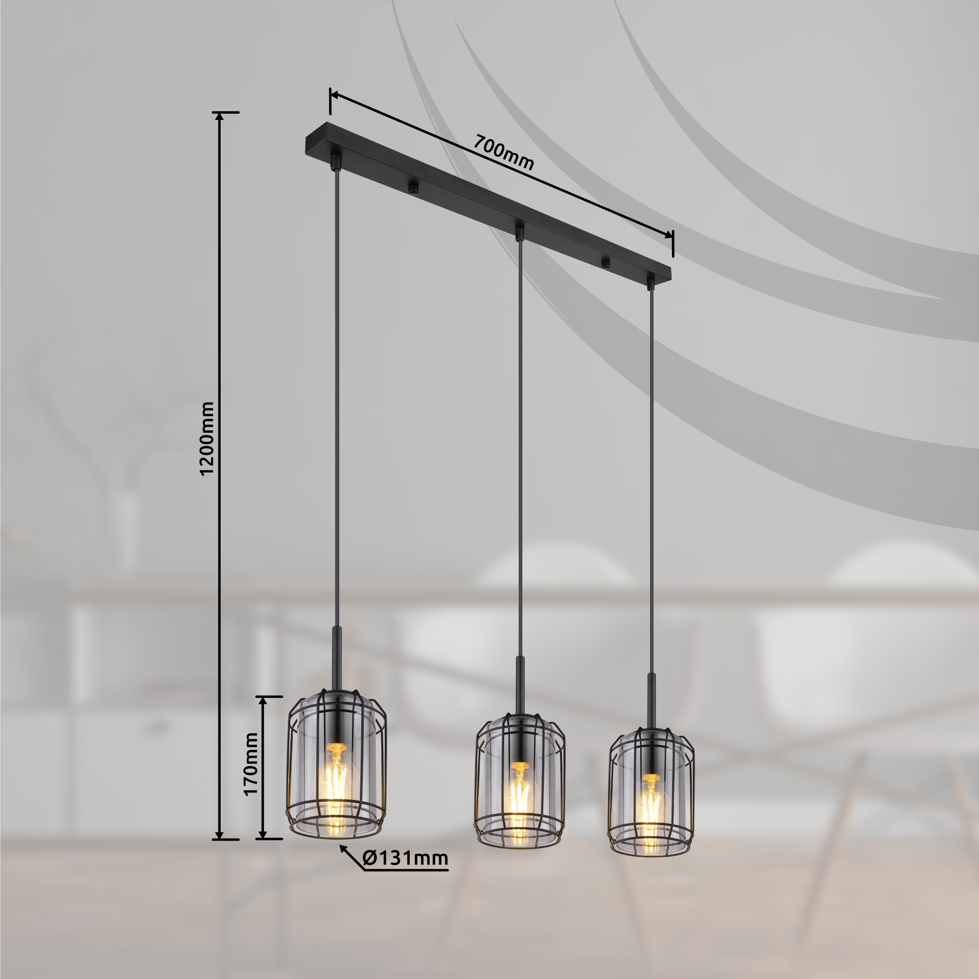 GLOBO LIGHTING Hängeleuchte »KAMMI«, Leuchtmittel E27 | ohne Leuchtmittel, Hängelampe/Pendelleuchte/Glas rauchfarben/Höhe kürzbar/Esstisch
