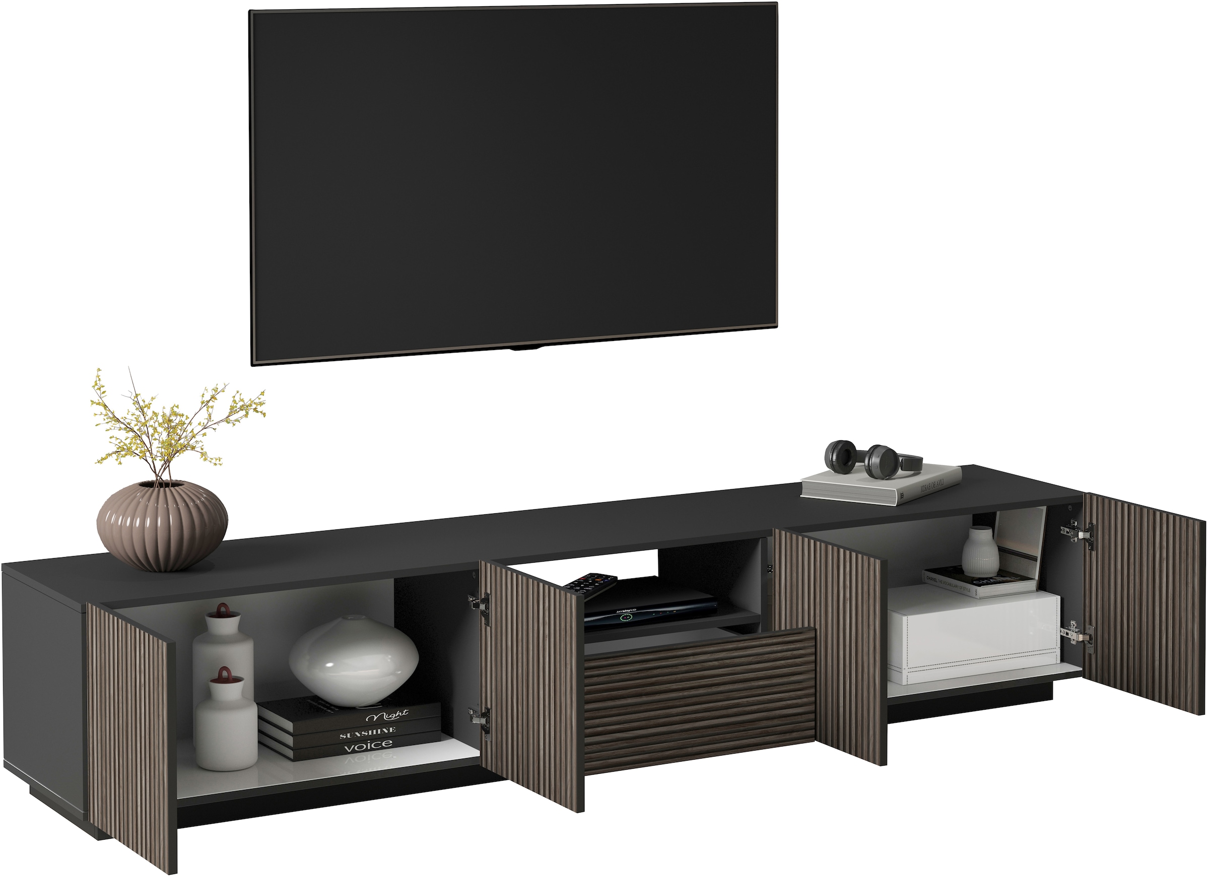 INOSIGN Lowboard »Vega,Lowboard,TV Board,TV Schrank,220 cm«, mit 4 Türen und 1 Schublade,Fronten mit Rillen-Optik