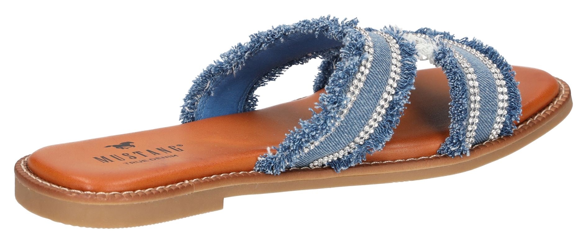 Mustang Shoes Pantolette, Flats, Sandale im Jeans-Look mit Strass-Steinchen verziert