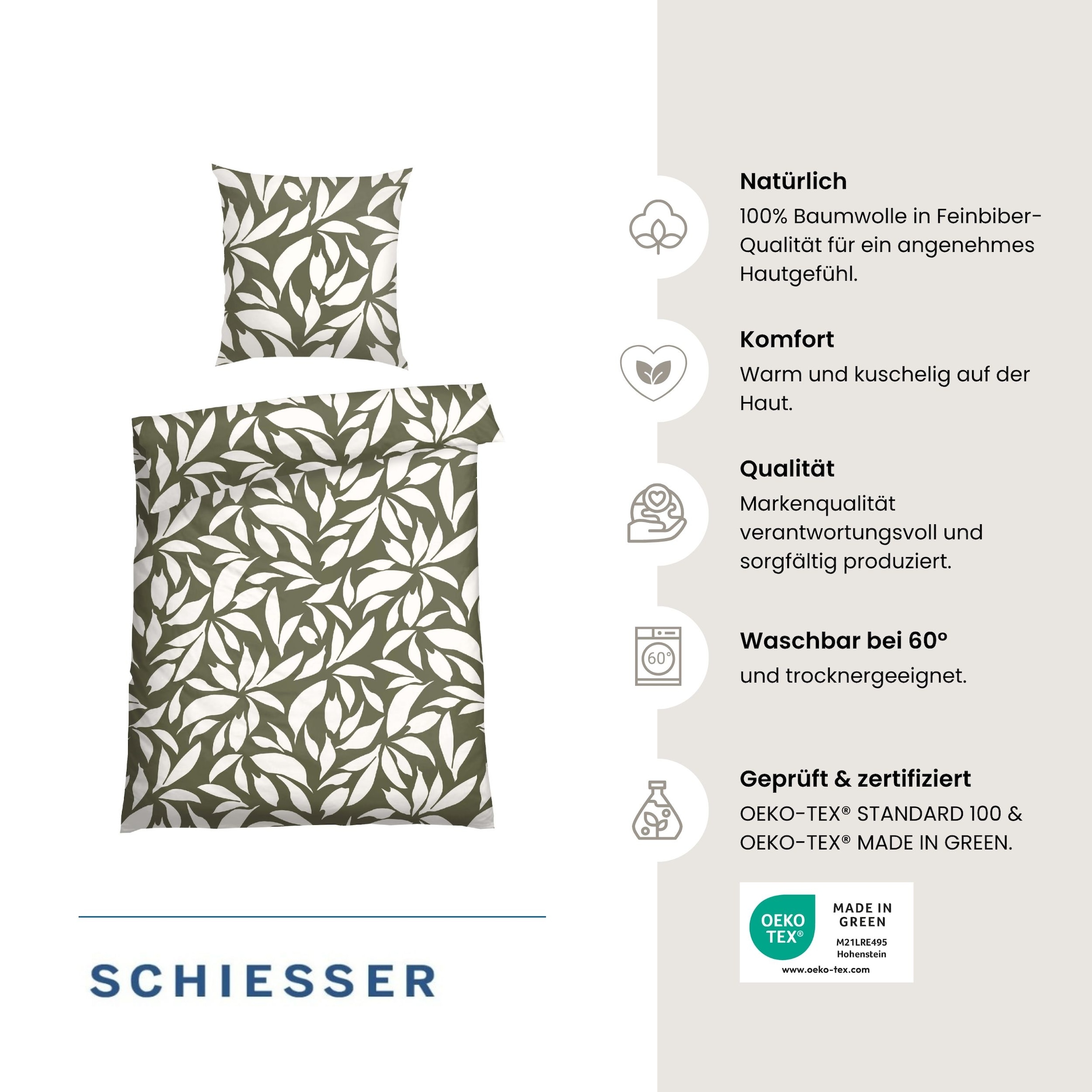 Schiesser Bettwäsche »Leaf aus weichem Baumwoll-Feinbiber mit floralem Muster« 2 Stk. OEKO-TEX® MADE IN GREEN