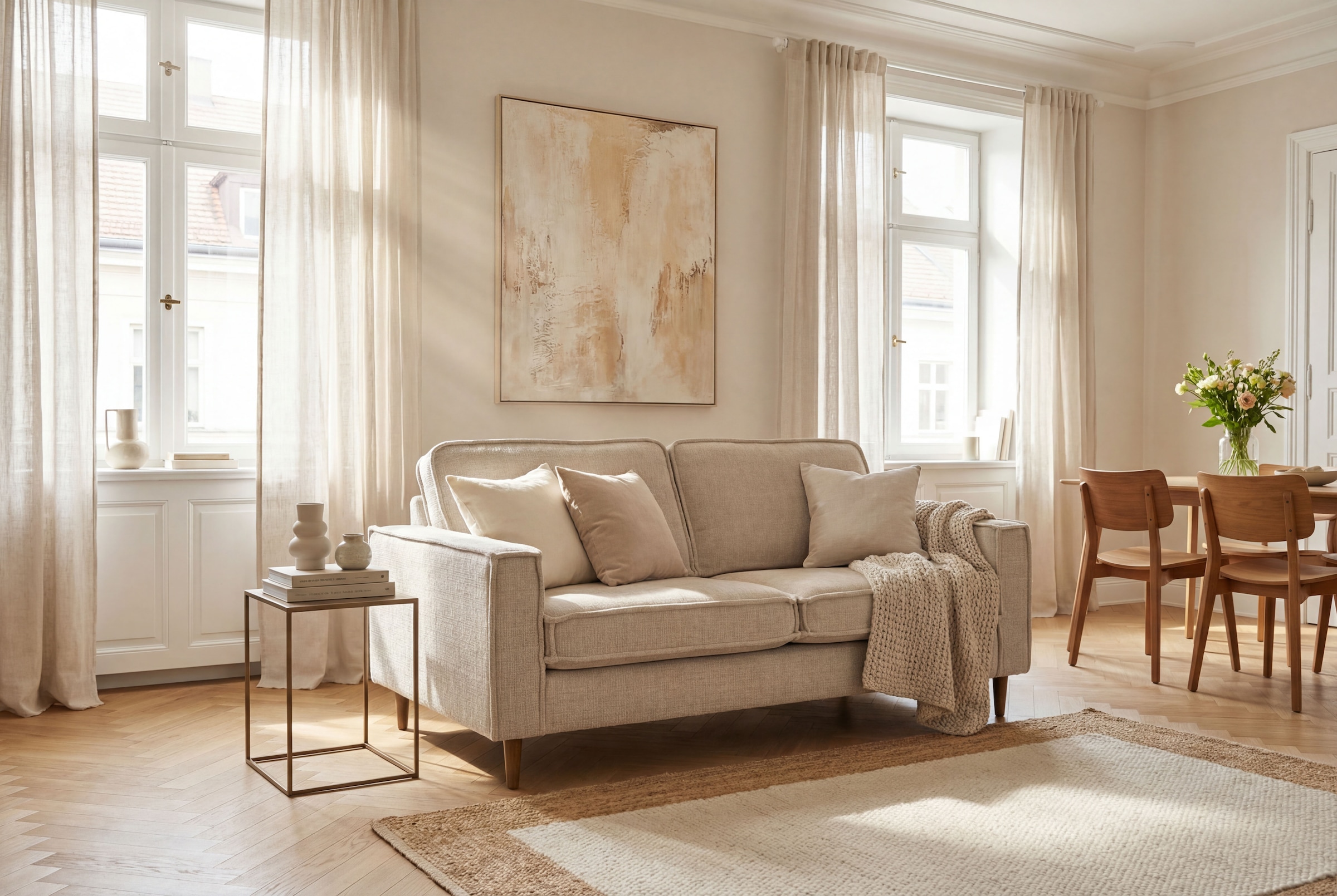OTTO home 2-Sitzer "Pinto Skandi, 166 cm, Chenille, Struktur" mit Keder, Massivholzfüße Eiche geräuchert, Wellenunterfederung