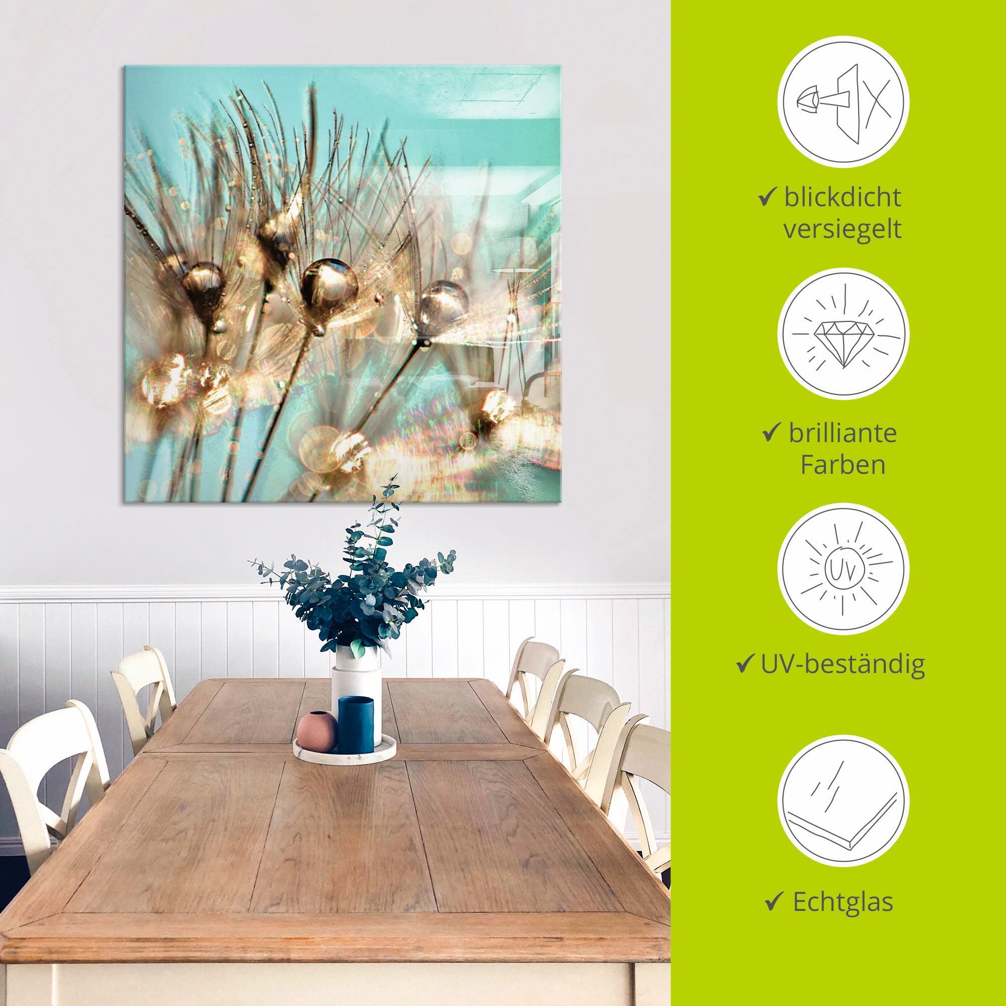 Artland Glasbild »Pusteblume Goldener Tau«, Blumen, (1 St.), in verschiedenen Größen