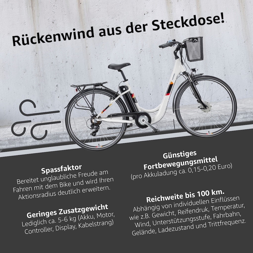 Telefunken E-Bike »Multitalent RC822«, 7 Gang, Shimano, Tourney, Frontmotor 250 W, (ca. 100 km Reichweite-2 V-Bremsen-Beleuchtung-Straßenzulassung), City Elektrofahrrad, Pedelec, Damen Herren, 28 Zoll, 36 V 374 Wh Akku