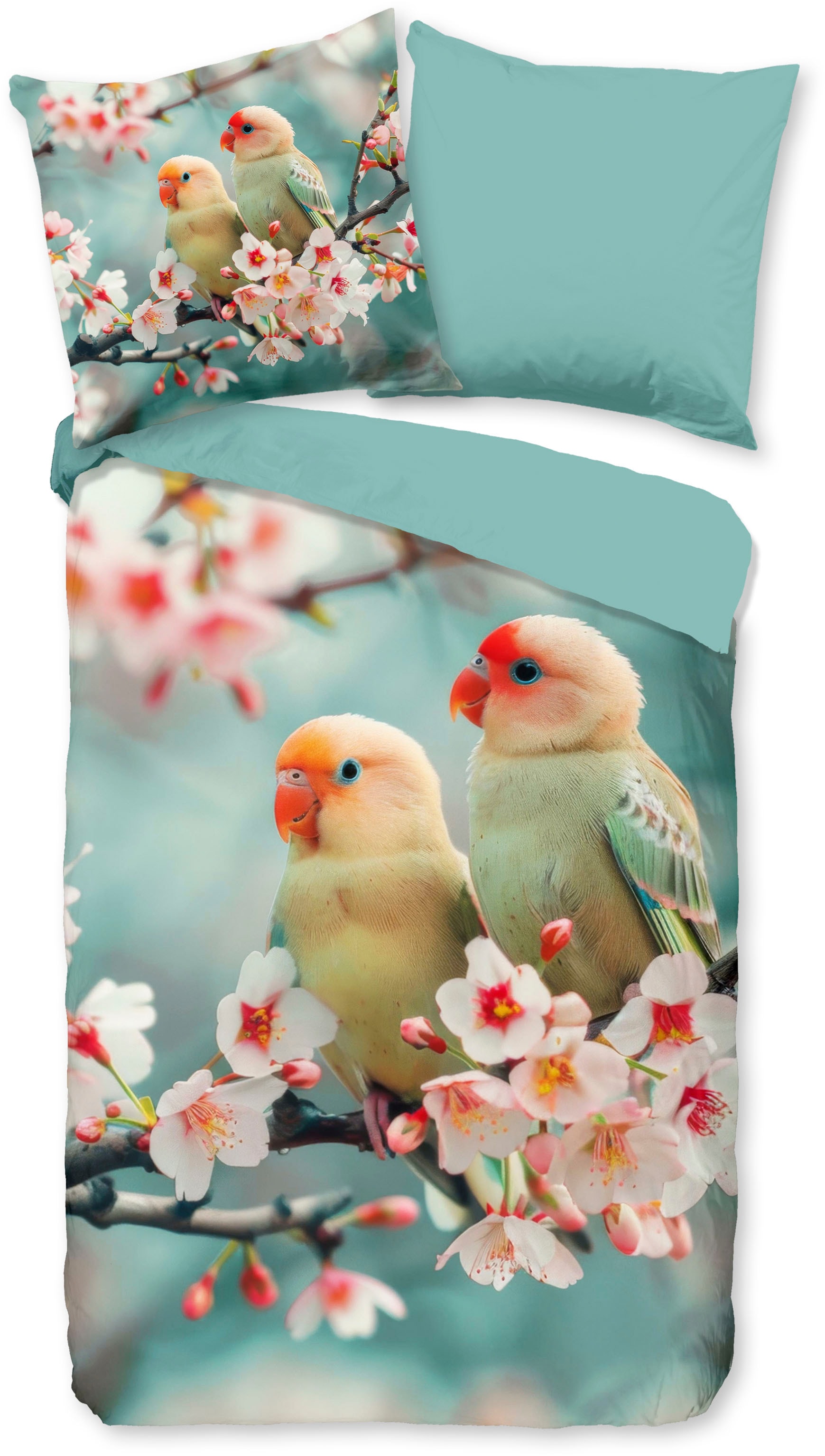good morning Wendebettwäsche "Chibi" 2 Stk. 100% Baumwolle, Renforcé, Reißverschluss, Wendeoptik, Vogel, aqua