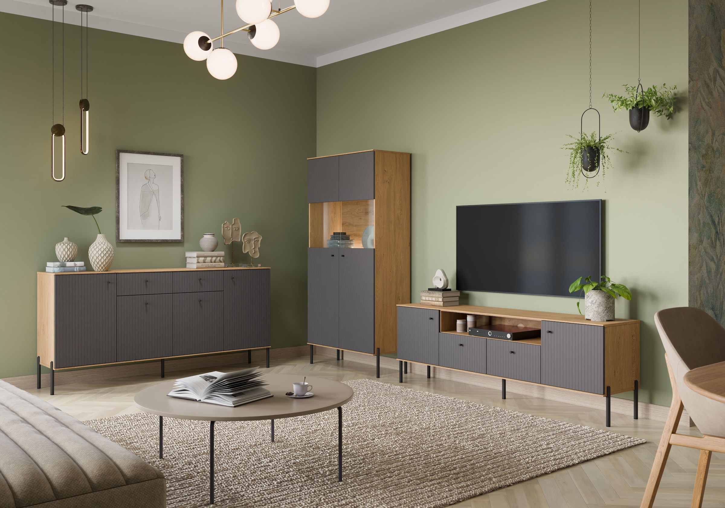 OTTO home Vitrine Vitrine, Breite 90 cm, mit geriffelten Fronten, auf Metallfüßen