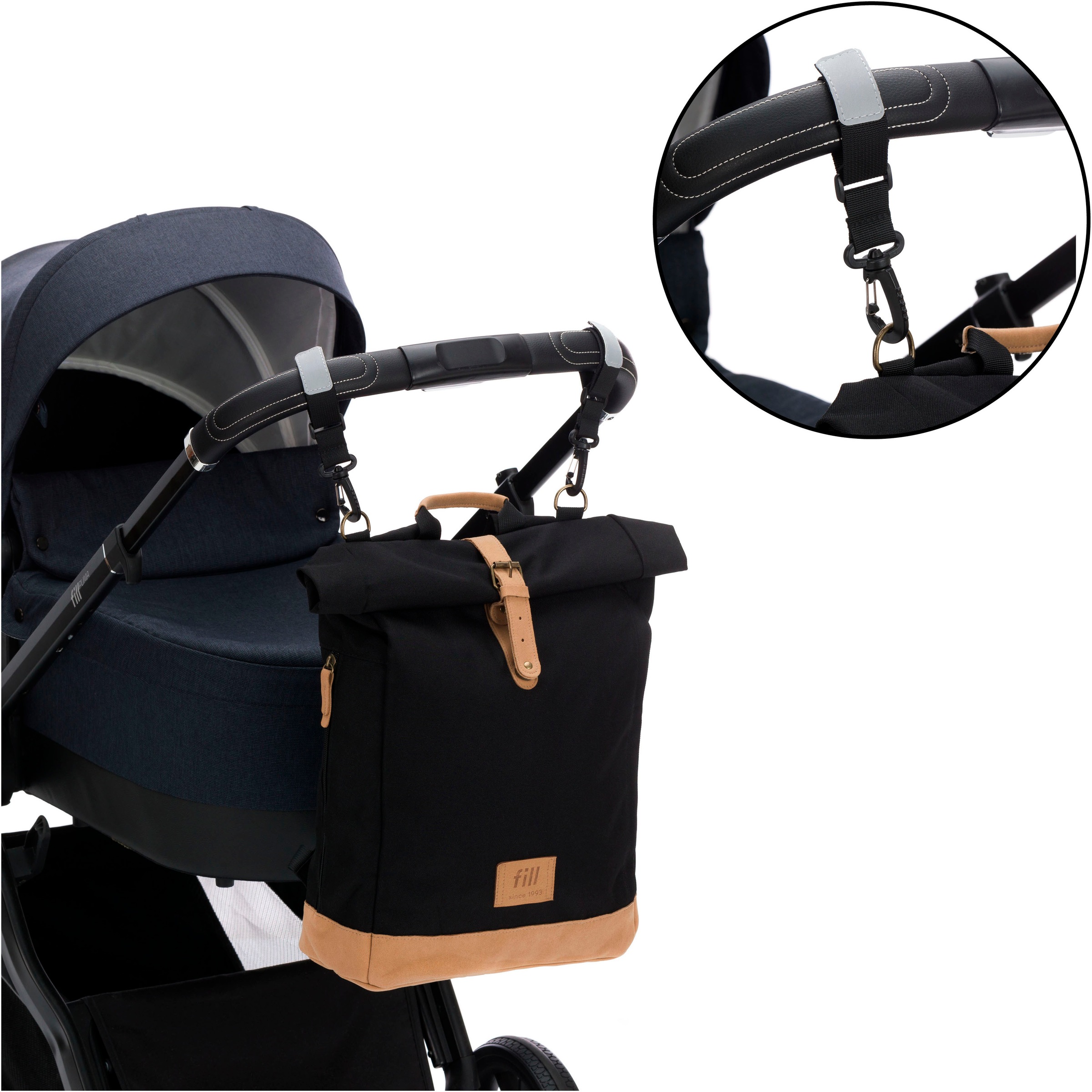 Fillikid Wickelrucksack »Rolltop Berlin schwarz« Reflektoren inkl. Wickeltunterlage