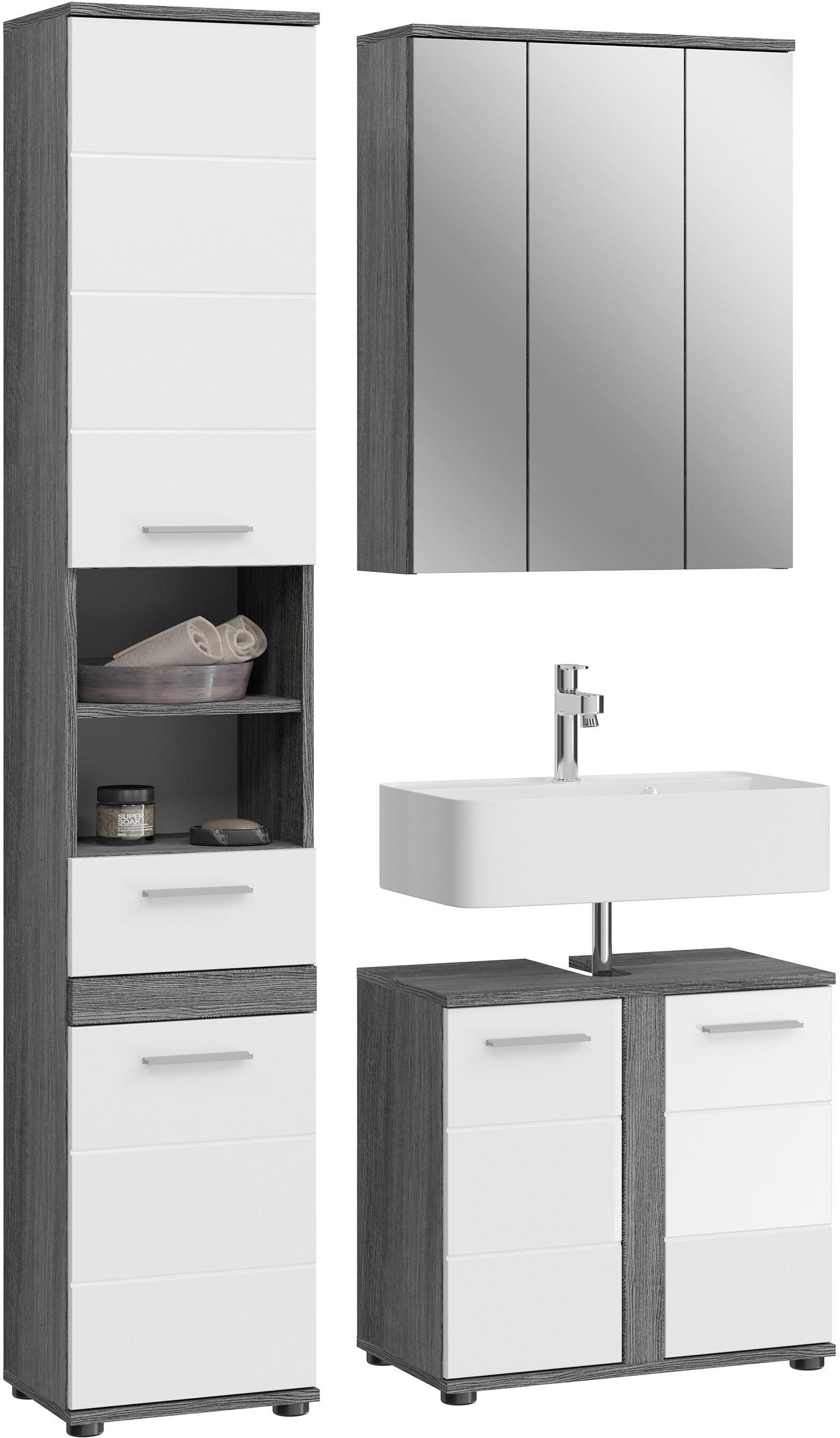 Badmöbel-Set WELLTIME, B:114cm H:191cm T:34cm, weiß, Holzwerkstoff, MDF, Kastenmöbel-Sets, "LUCCA, 3 teilig,TOPSELLER, MDF Hochglanzfront, bestehend