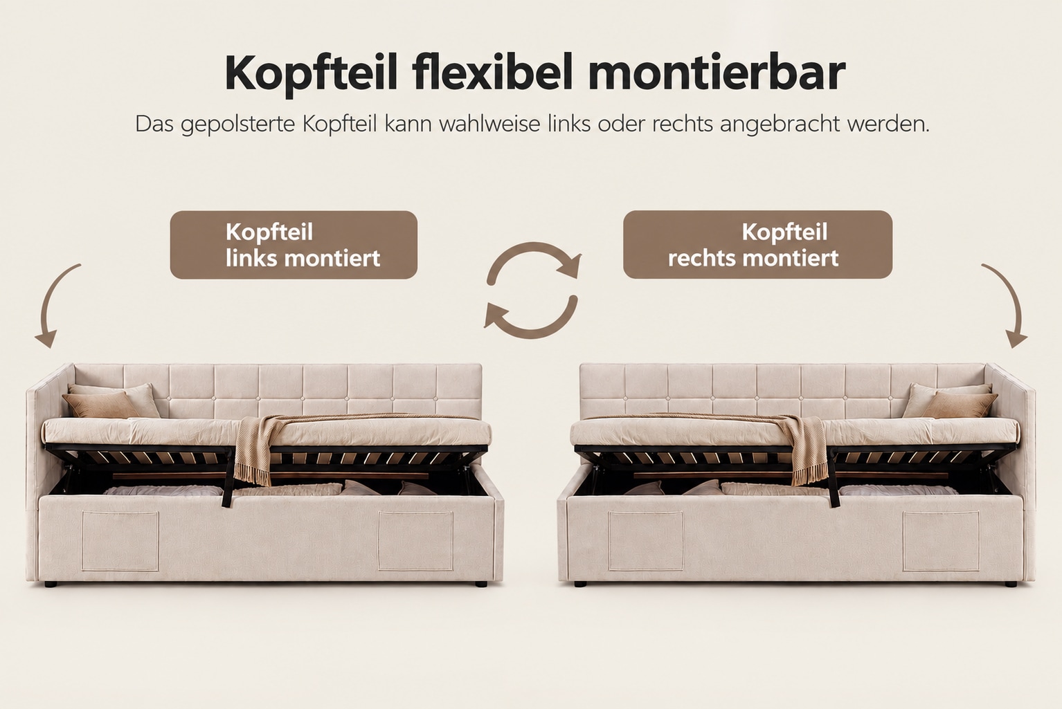 OTTO home Daybett »MALIKA, Schlafsofa mit Stauraum und Lattenrost« Kopfteil links/rechts montierbar, mit 3 Fächern
