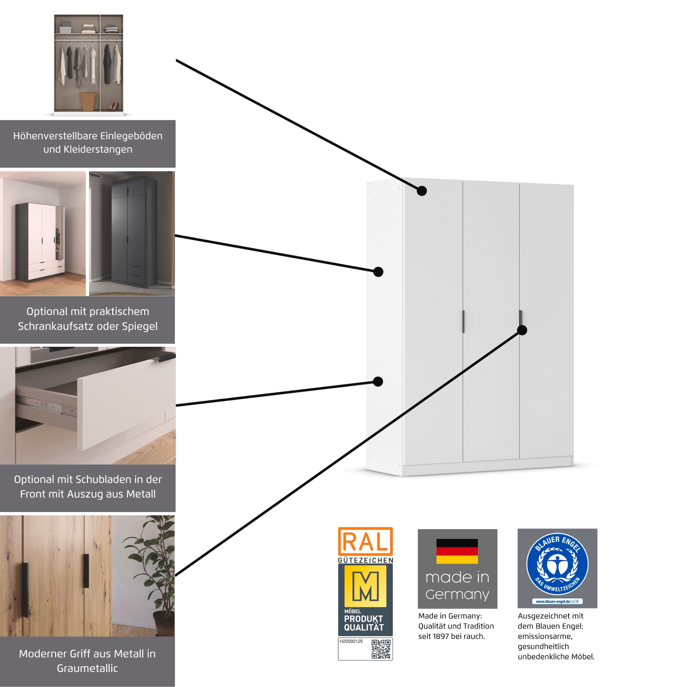 rauch Kleiderschrank »Drehtürenschrank Schrank Garderobe Ankleide Schlafzimmer LAGOA« in 3 verschiedenen Ausstattungen BASIC/CLASSIC/PREMIUM,  mit geräumigen Schubladen, optional mit Aufsatz MADE IN GERMANY