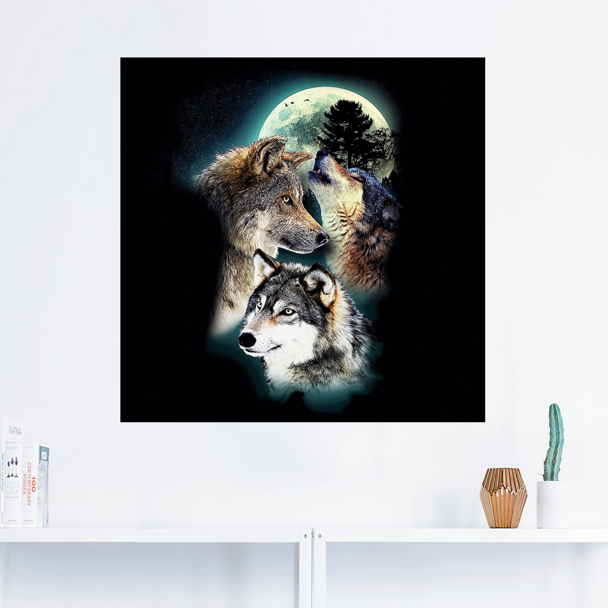 Artland Wandbild »Phantasie Wolf Wölfe mit Mond«, Wildtiere, (1 St.), als Leinwandbild, Poster, Wandaufkleber in verschied. Größen