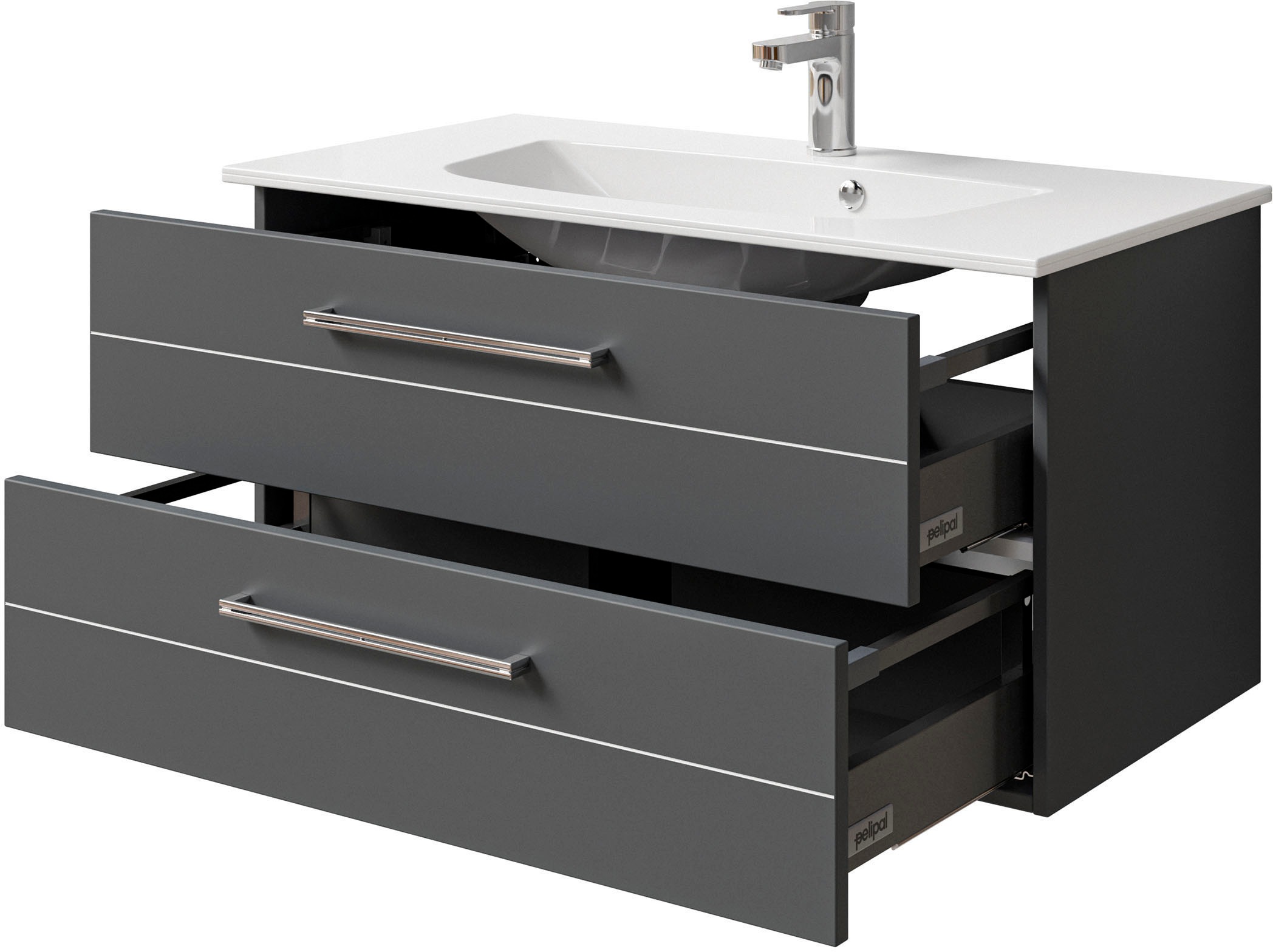 Saphir Waschtisch »Serie 6025 Mineralmarmor-Waschtisch mit Unterschrank, 97 cm breit«, Waschplatz mit 2 Schubladen, hängend, verschiedene Ausführungen