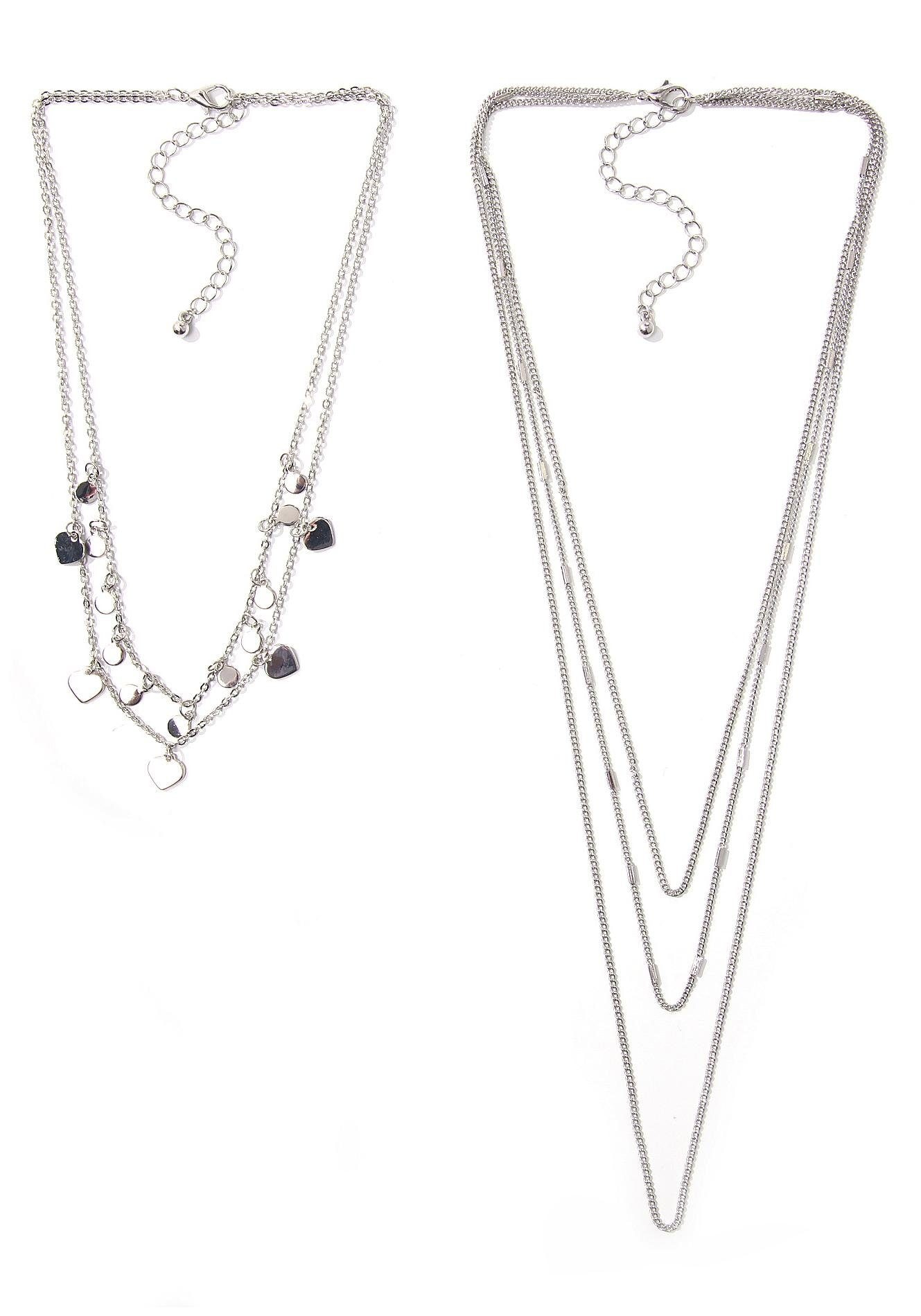Ketten-Set FIRETTI "teilweise mit Herzen und runden Anhängern, mehrreihig, einzeln tragbar", grau (metallfarben), Halsketten, Damen, Metall, L: 45,5 53,5