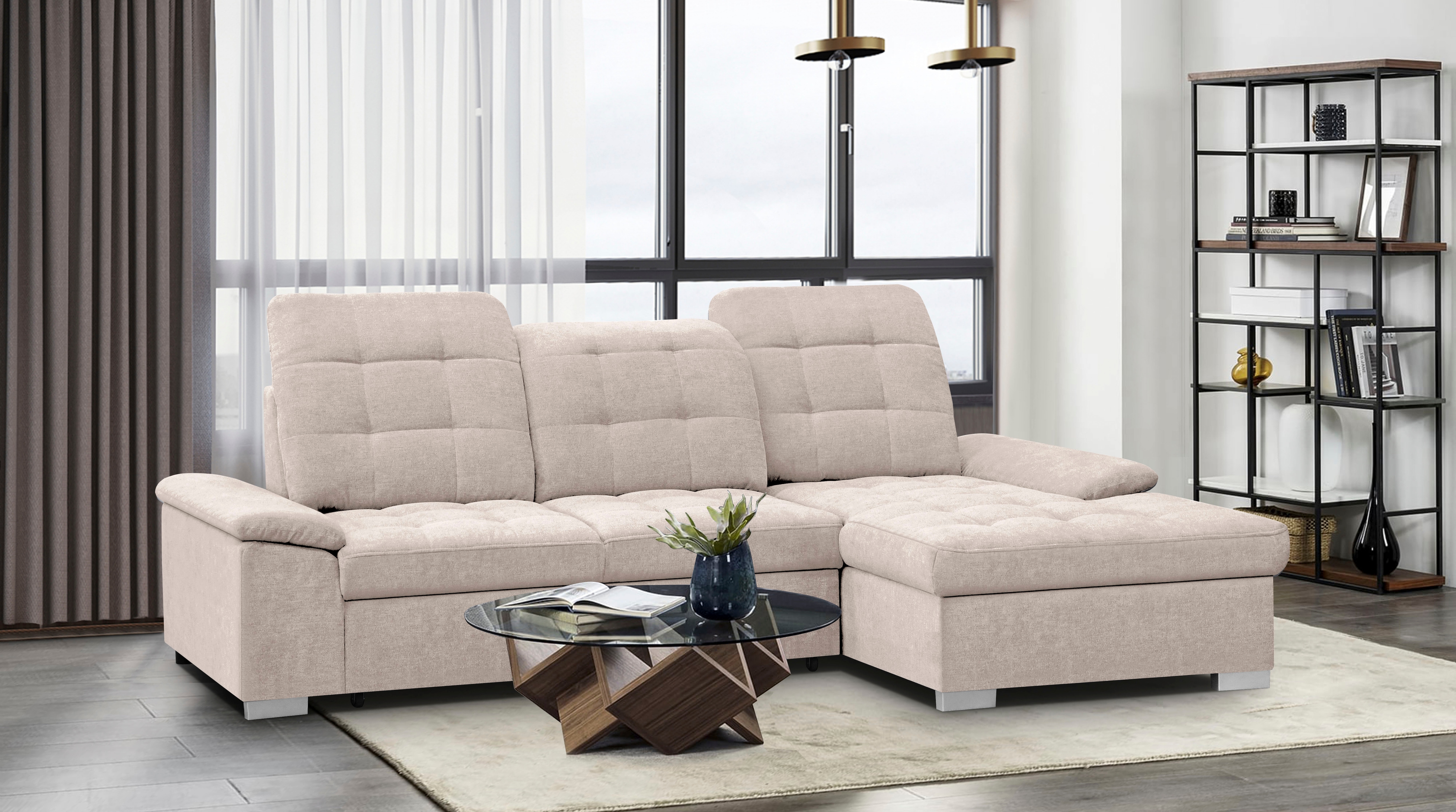 WERK2 Ecksofa "Carmen 264 cm breit L-Form Sofa Schlaffunktion Kopfstützen verstellbar" Schlafcouch mit Bettkasten, Eckcouch wahlw. mit Sitztiefenverstellung