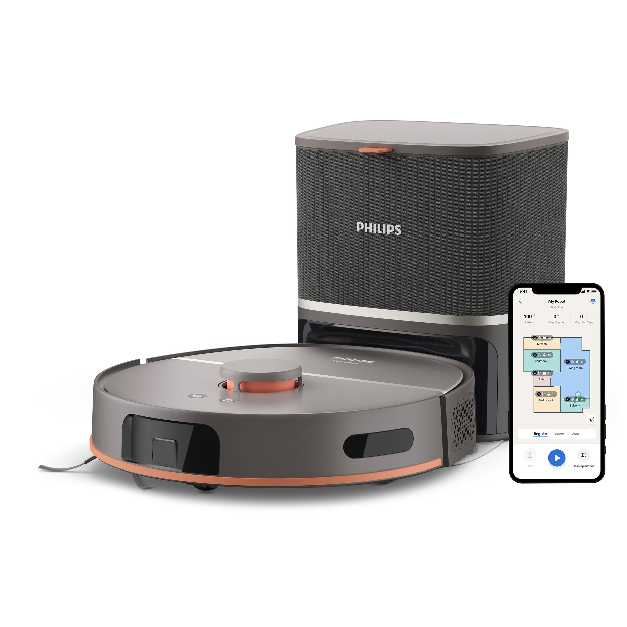 Philips Saugroboter "mit Wischfunktion XU5100/10 mit 10.000pa Saugkraft," LDS-Radarnavigationssystem, HomeRun App, inkl. Entleerungsstation