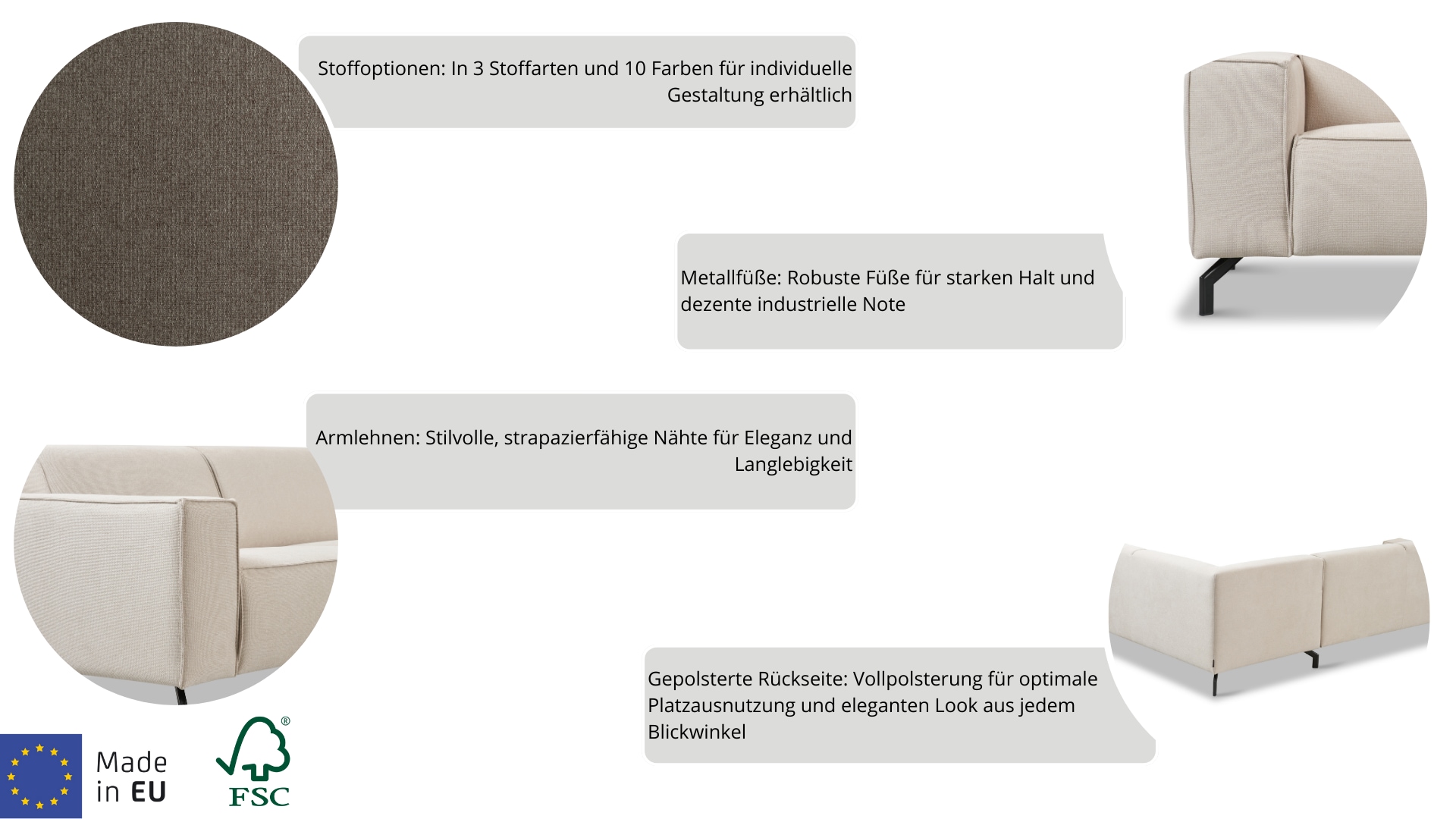 Places of Style Ecksofa »Lorcan, Breite 275 cm, weiches Sitzgefühl«, mit schwarzen Metallfüßen, Lederoptik und in weichem Strukturstoff