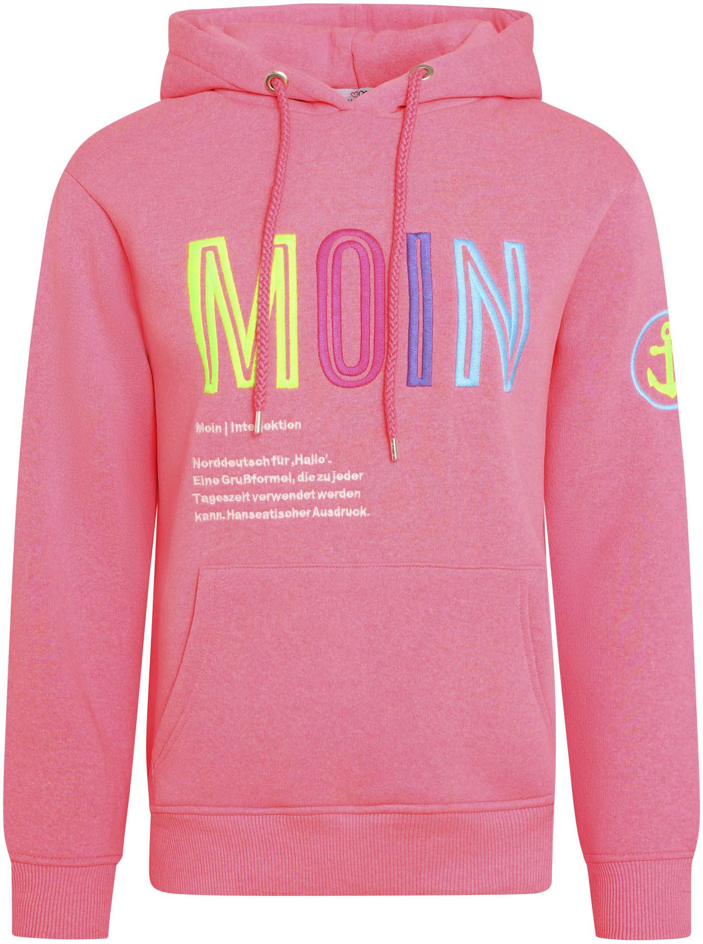 Thumbnail - Zwillingsherz Sweat-Hoodie, mit aufgesticktem "MOIN"-Schriftzug in Neonfarben