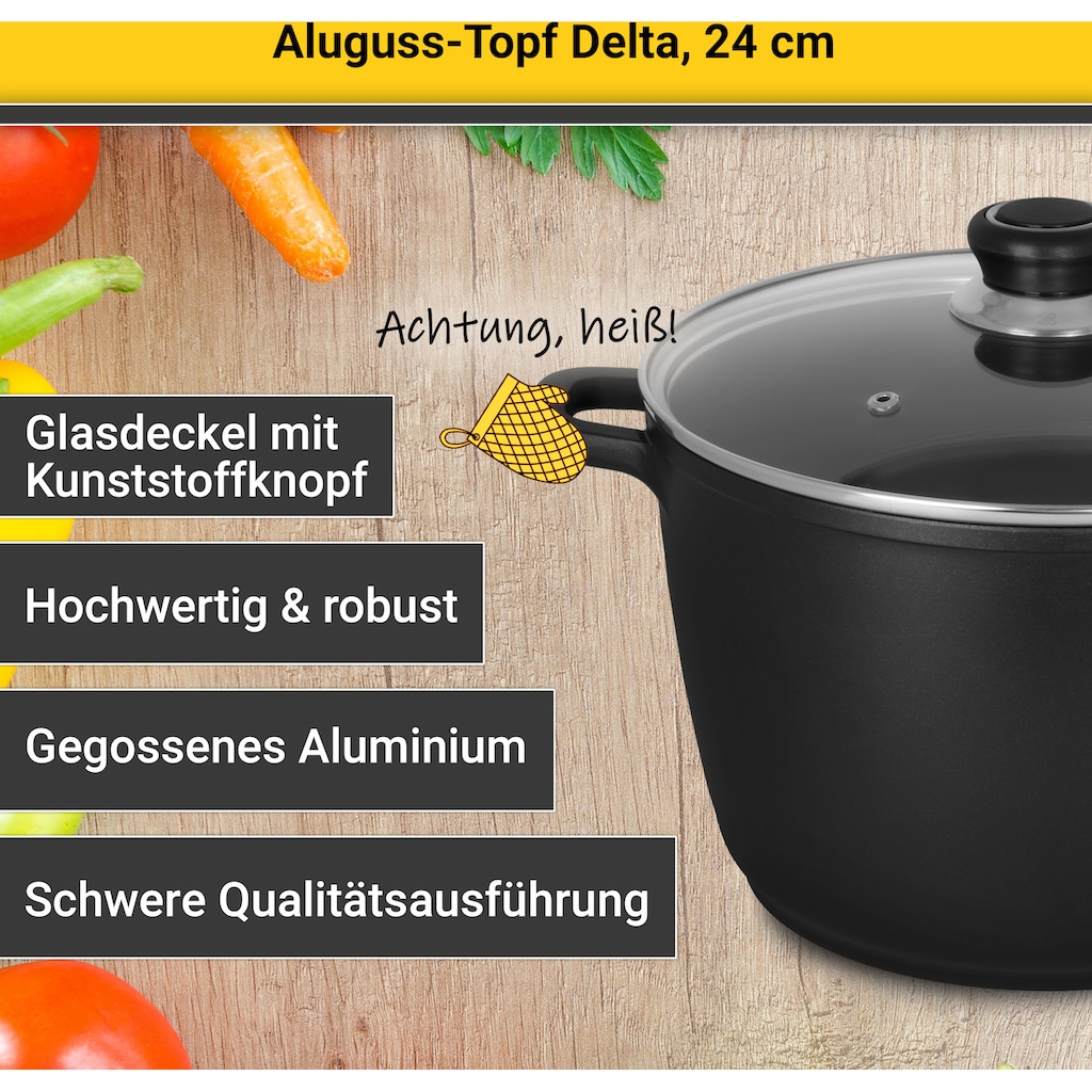 Krüger Fleischtopf »Aluguss Fleischtopf mit Glasdeckel DELTA, 24 cm«, Aluminiumguss, (1 tlg.), für Induktions-Kochfelder geeignet