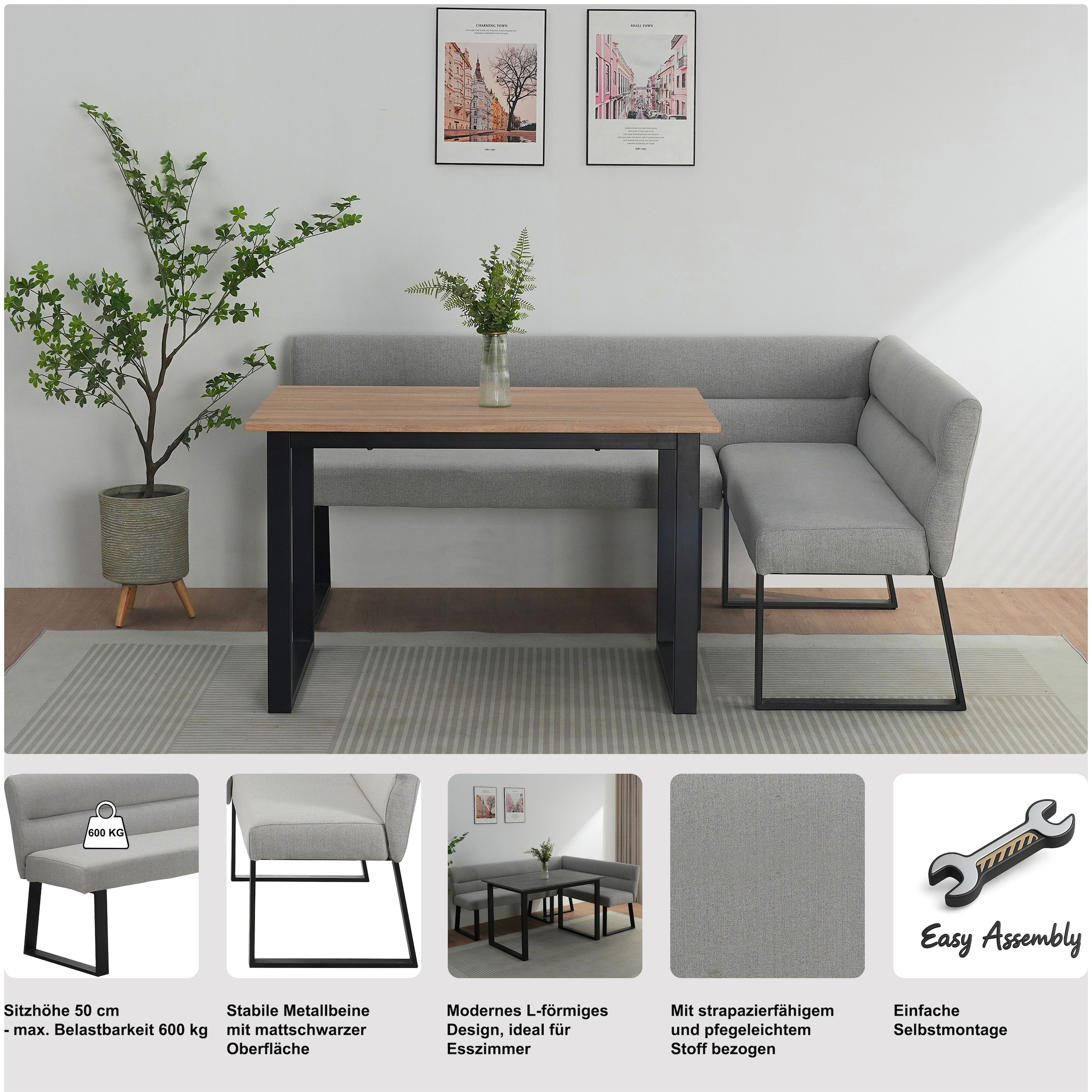 OTTO home Essbank »Ivanna« schwarzes Metallgestell, Webstoff Bezug, Breite 193/152