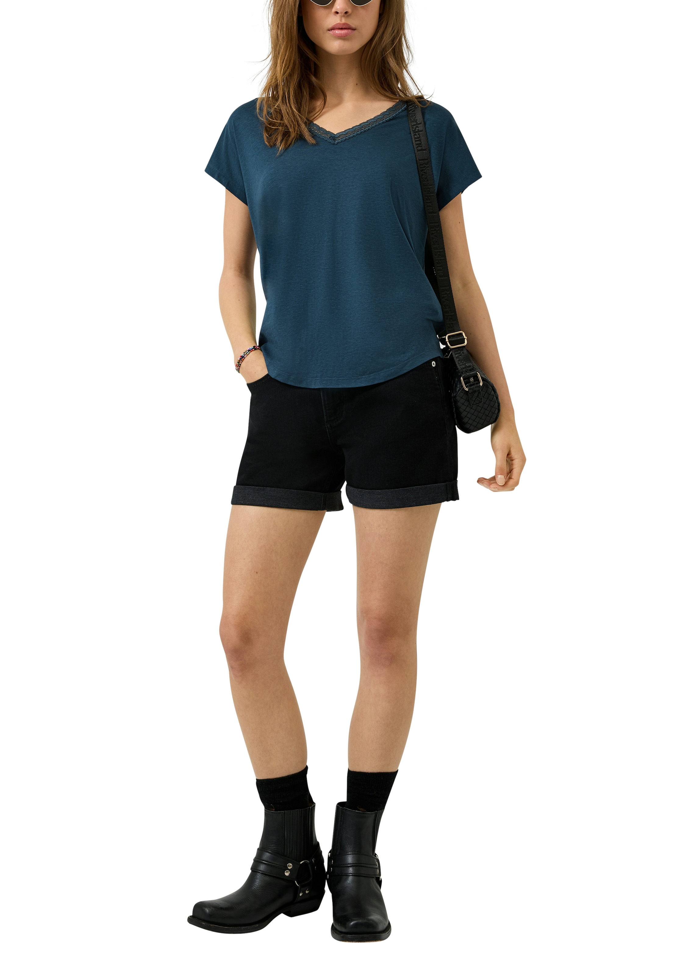 QS Kurzarmshirt mit V-Ausschnitt und Spitze