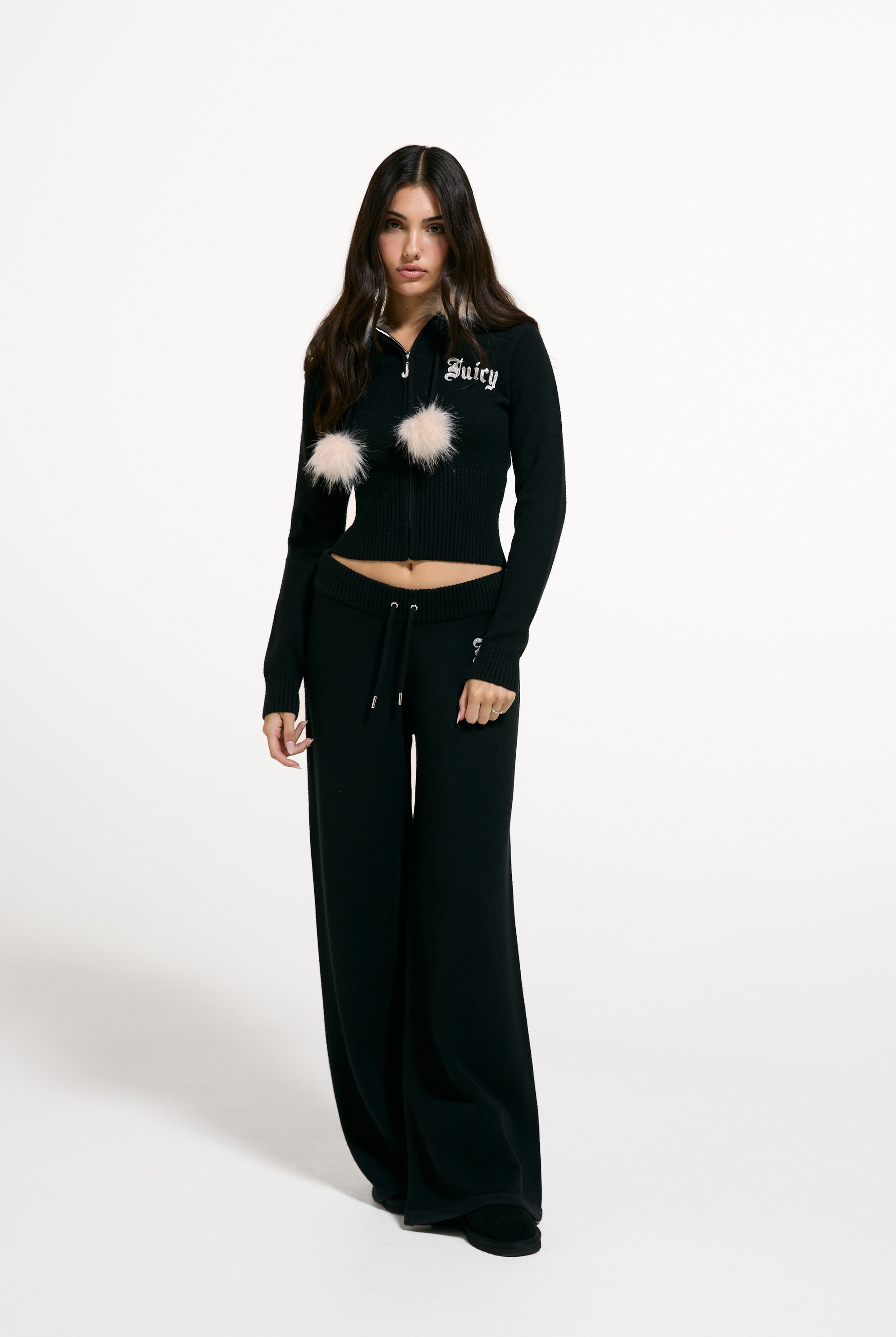 Juicy Couture Kapuzennickijacke »KNIT HOODIE WITH REMOVABLE FUR Damen« mit Kapuze Trainingsjacke Damen, Sweatjacke mit Kapuze, Strick, Kunstpelz, Sale
